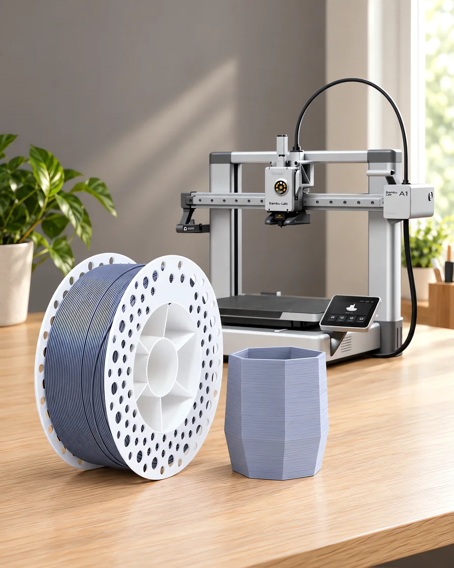 Carretel de filamento pla+ gris plomo sobre una mesa de roble claro, con una impresora 3D detrás y una maceta impresa en el mismo color al lado.