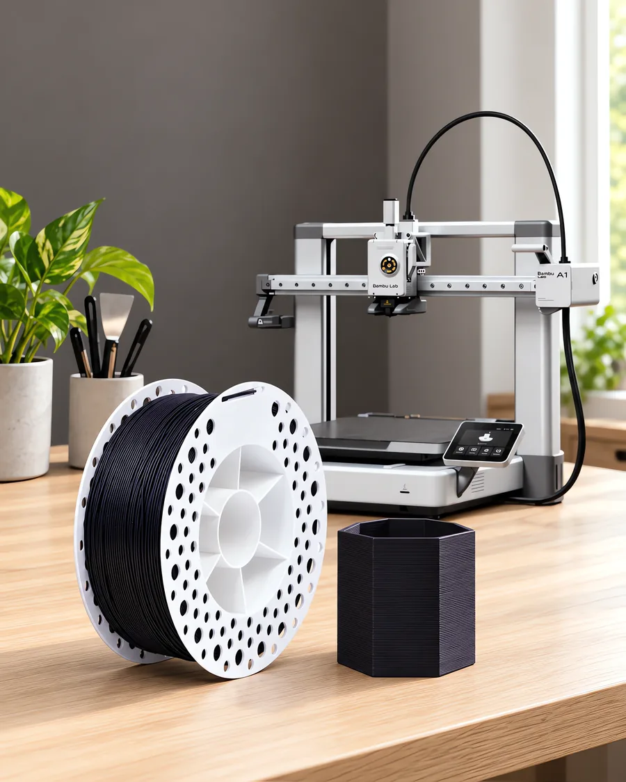 Carretel de filamento pla+ negro sobre una mesa de roble claro, con una impresora 3D detrás y una maceta impresa en el mismo color al lado.