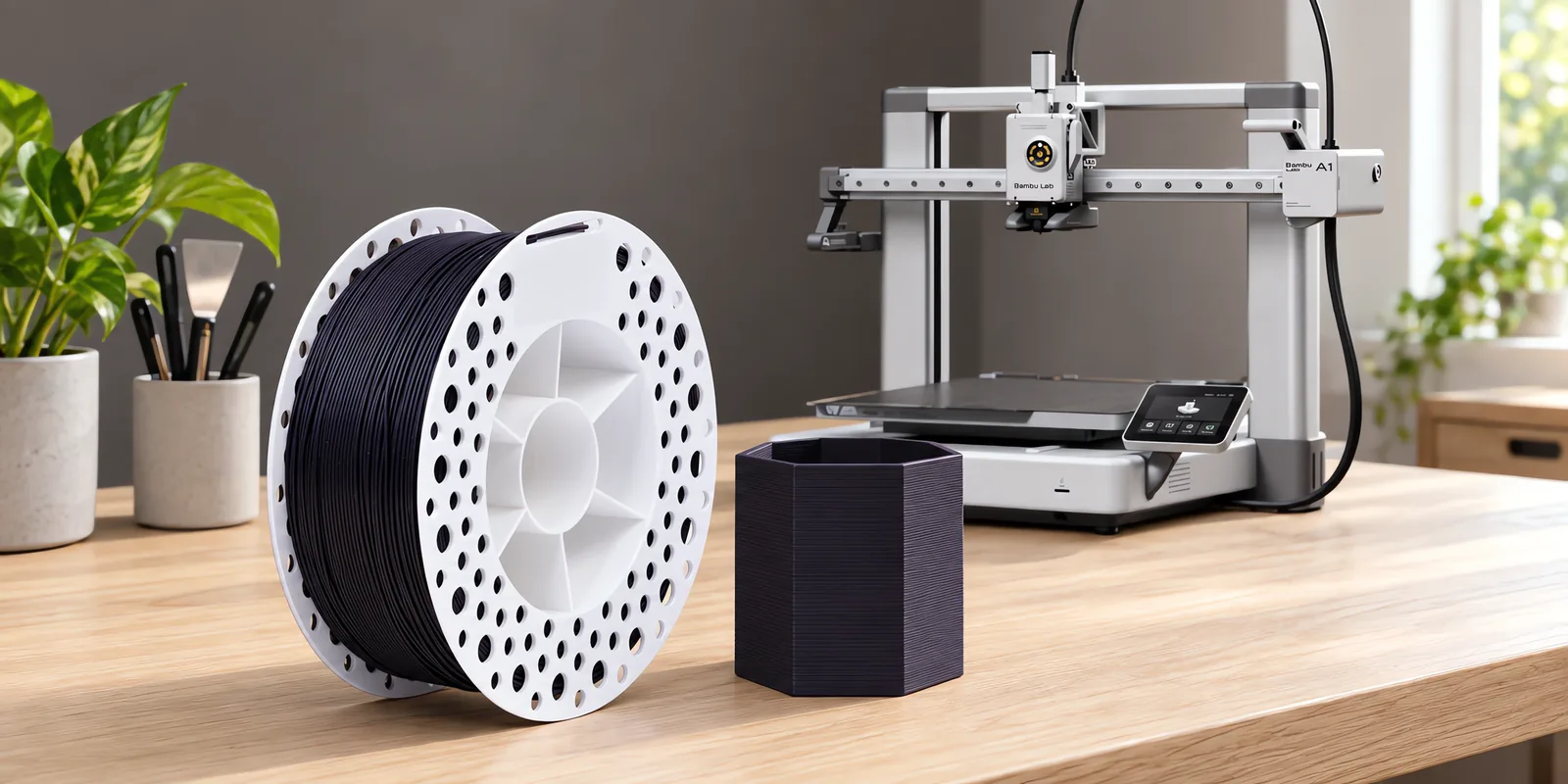 Carretel de filamento pla+ negro sobre una mesa de roble claro, con una impresora 3D detrás y una maceta impresa en el mismo color al lado.