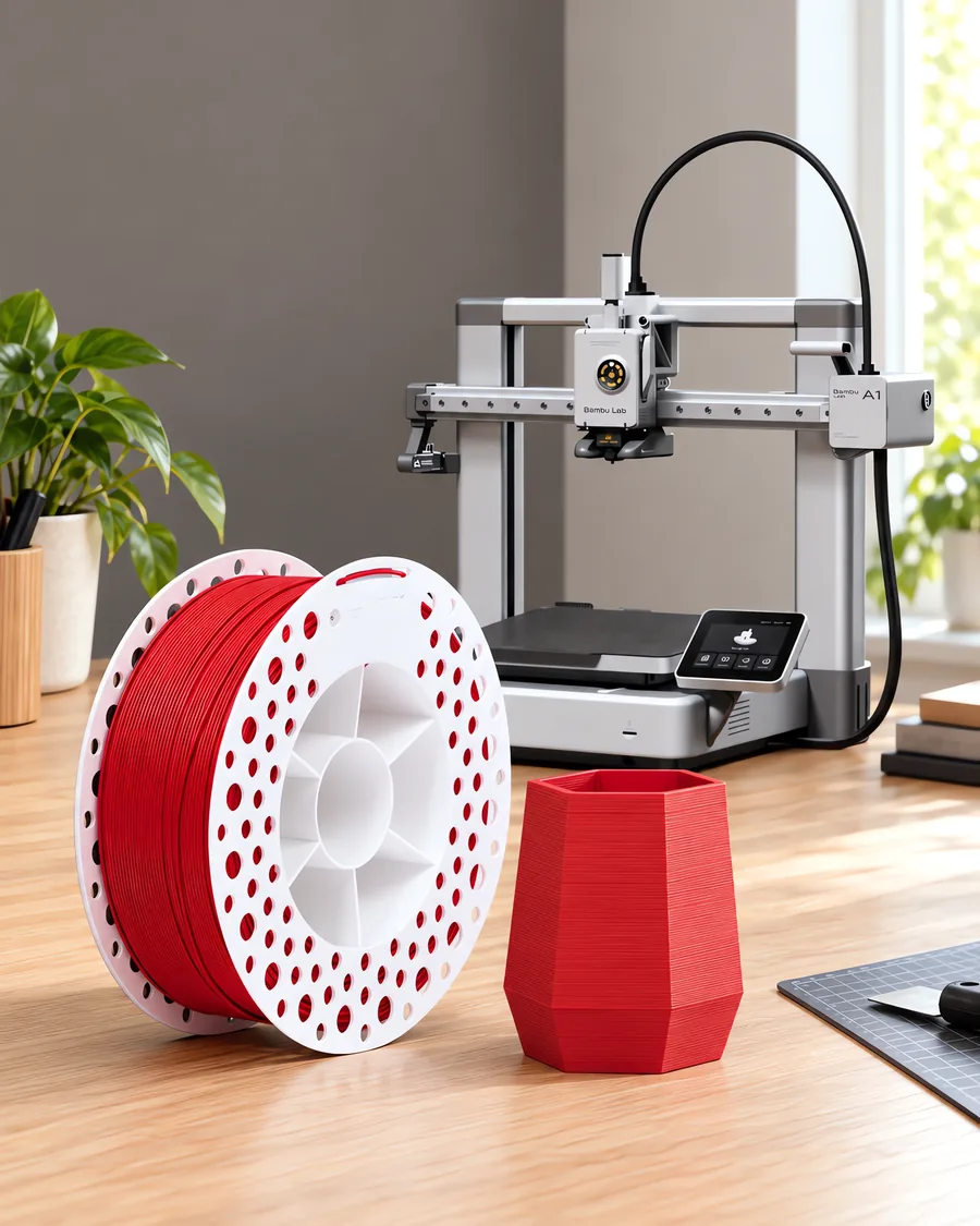 Carretel de filamento pla+ rojo sobre una mesa de roble claro, con una impresora 3D detrás y una maceta impresa en el mismo color al lado.