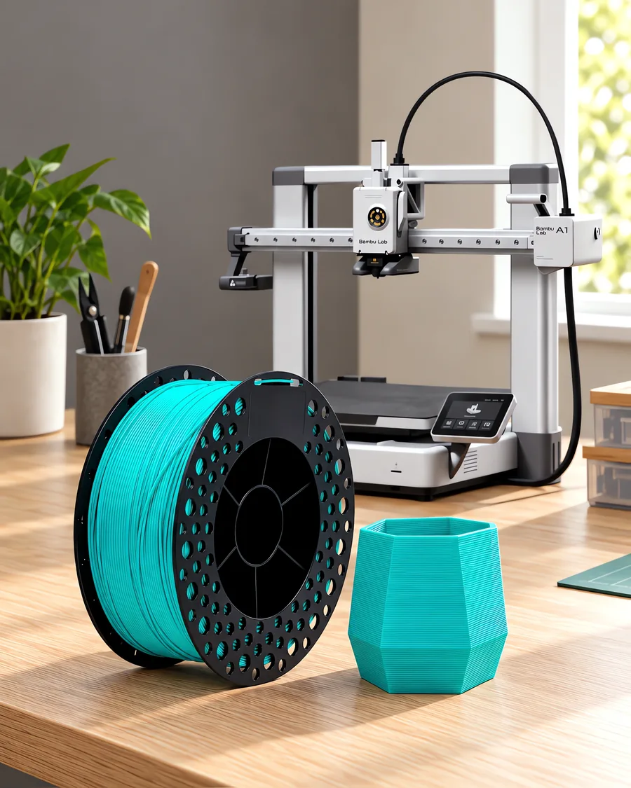 Carretel de filamento pla+ verde sobre una mesa de roble claro, con una impresora 3D detrás y una maceta impresa en el mismo color al lado.