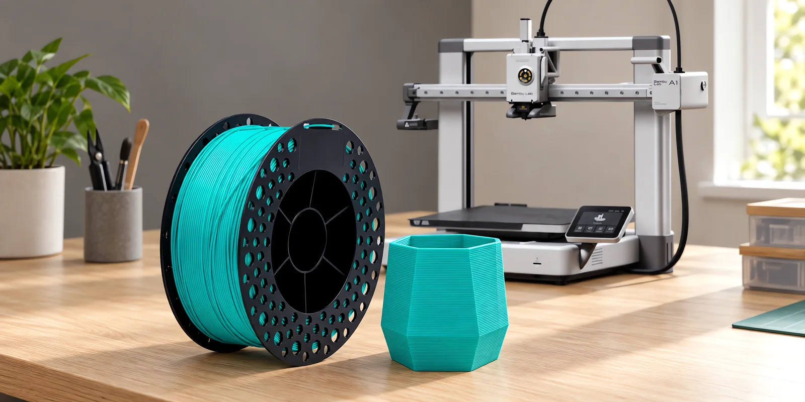 Carretel de filamento pla+ verde sobre una mesa de roble claro, con una impresora 3D detrás y una maceta impresa en el mismo color al lado.