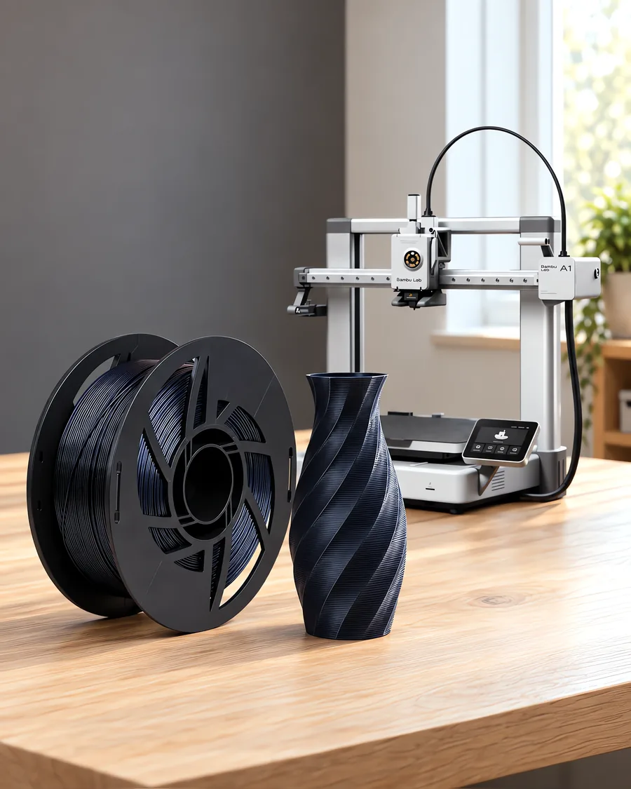 Carretel de filamento pla silk azabache sobre una mesa de roble claro, con una impresora 3D detrás y un jarrón impresa en el mismo color al lado.