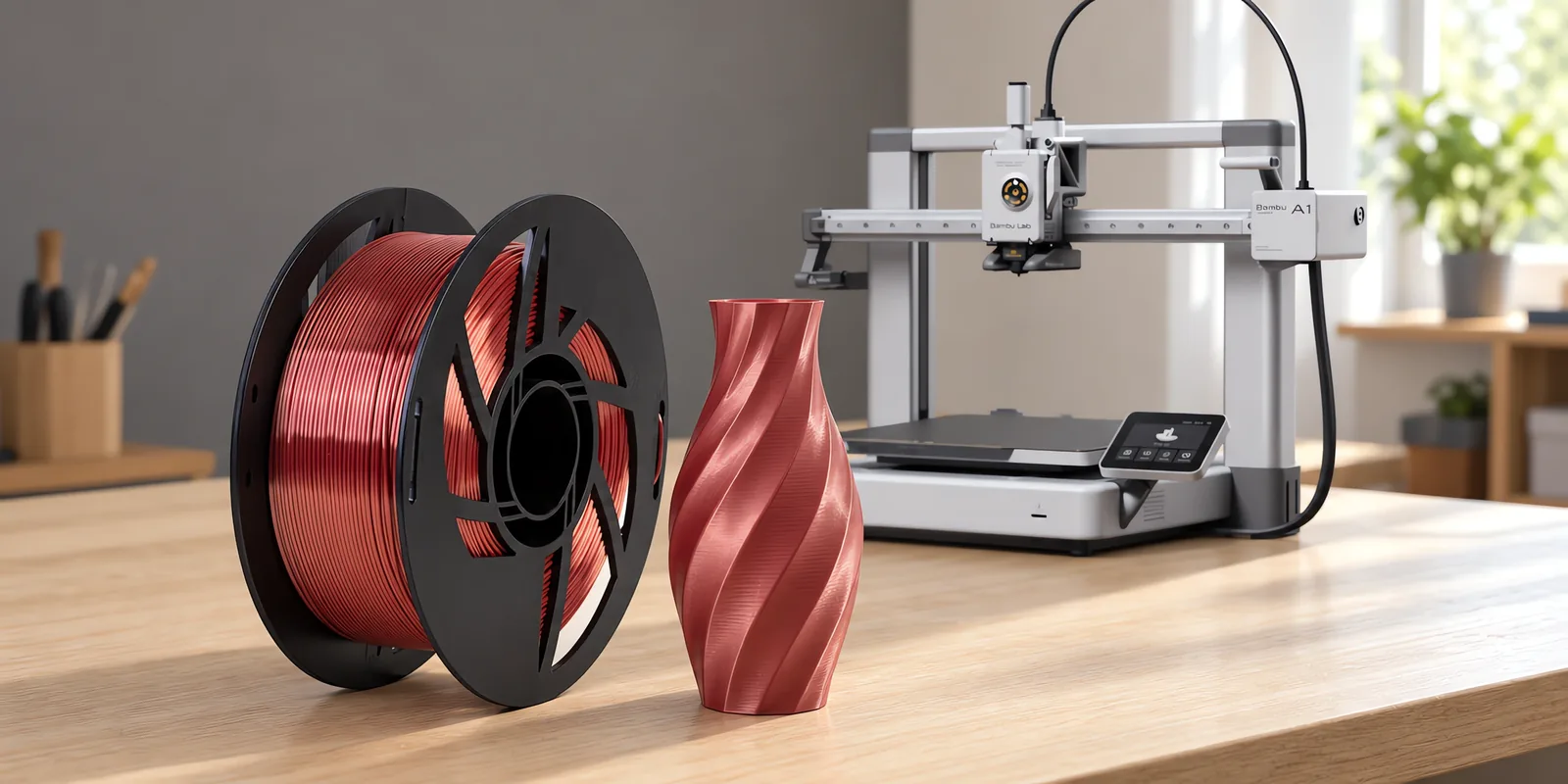 Carretel de filamento pla silk cobre sobre una mesa de roble claro, con una impresora 3D detrás y un jarrón impresa en el mismo color al lado.