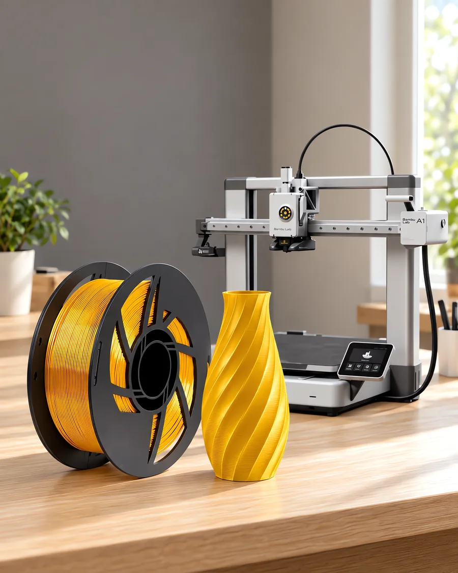 Carretel de filamento pla silk dorado sobre una mesa de roble claro, con una impresora 3D detrás y un jarrón impresa en el mismo color al lado.