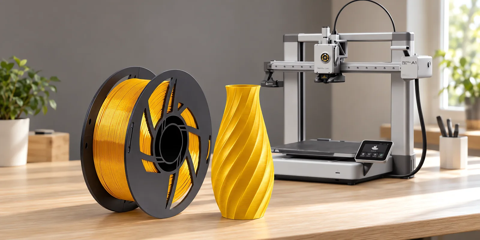 Carretel de filamento pla silk dorado sobre una mesa de roble claro, con una impresora 3D detrás y un jarrón impresa en el mismo color al lado.