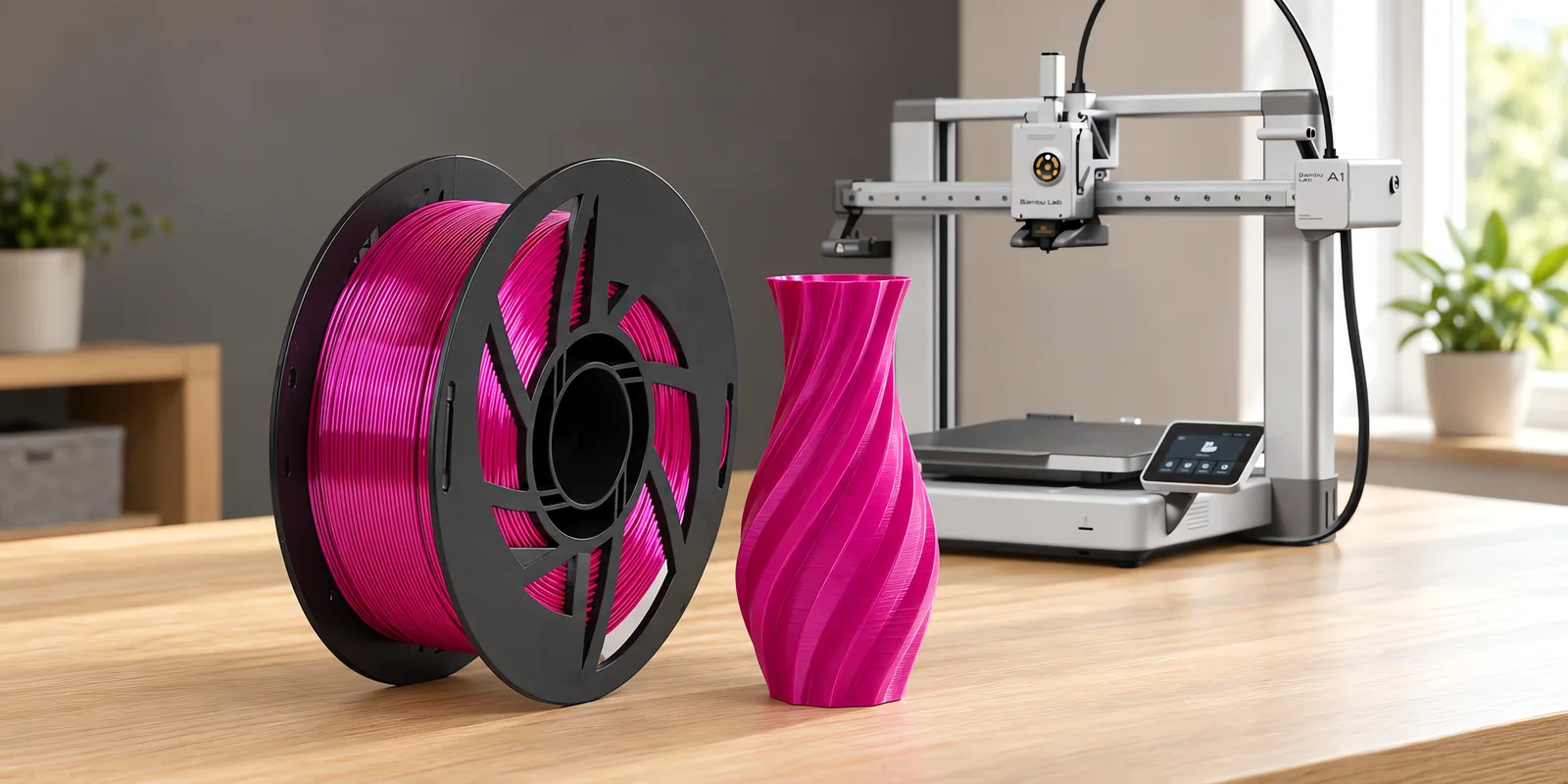 Carretel de filamento pla silk tutti frutti sobre una mesa de roble claro, con una impresora 3D detrás y un jarrón impresa en el mismo color al lado.