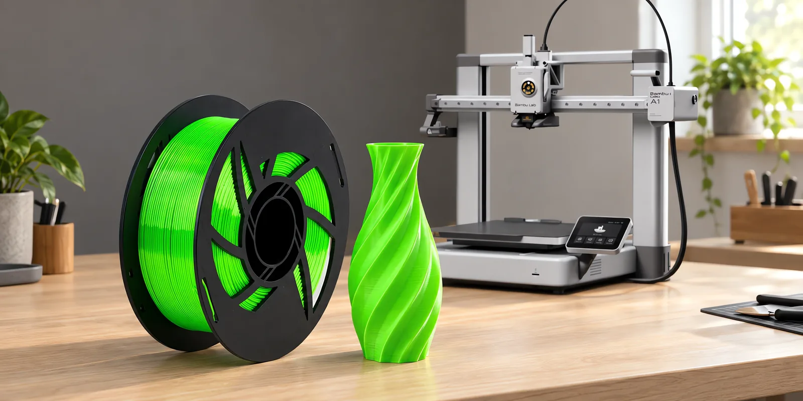 Carretel de filamento pla silk verde sobre una mesa de roble claro, con una impresora 3D detrás y un jarrón impresa en el mismo color al lado.