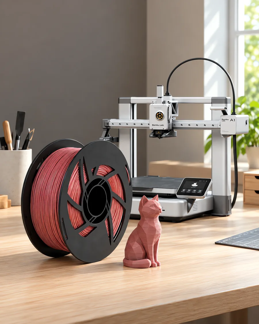 Carretel de filamento pla wood cerezo sobre una mesa de roble claro, con una impresora 3D detrás y una figura impresa en el mismo color al lado.