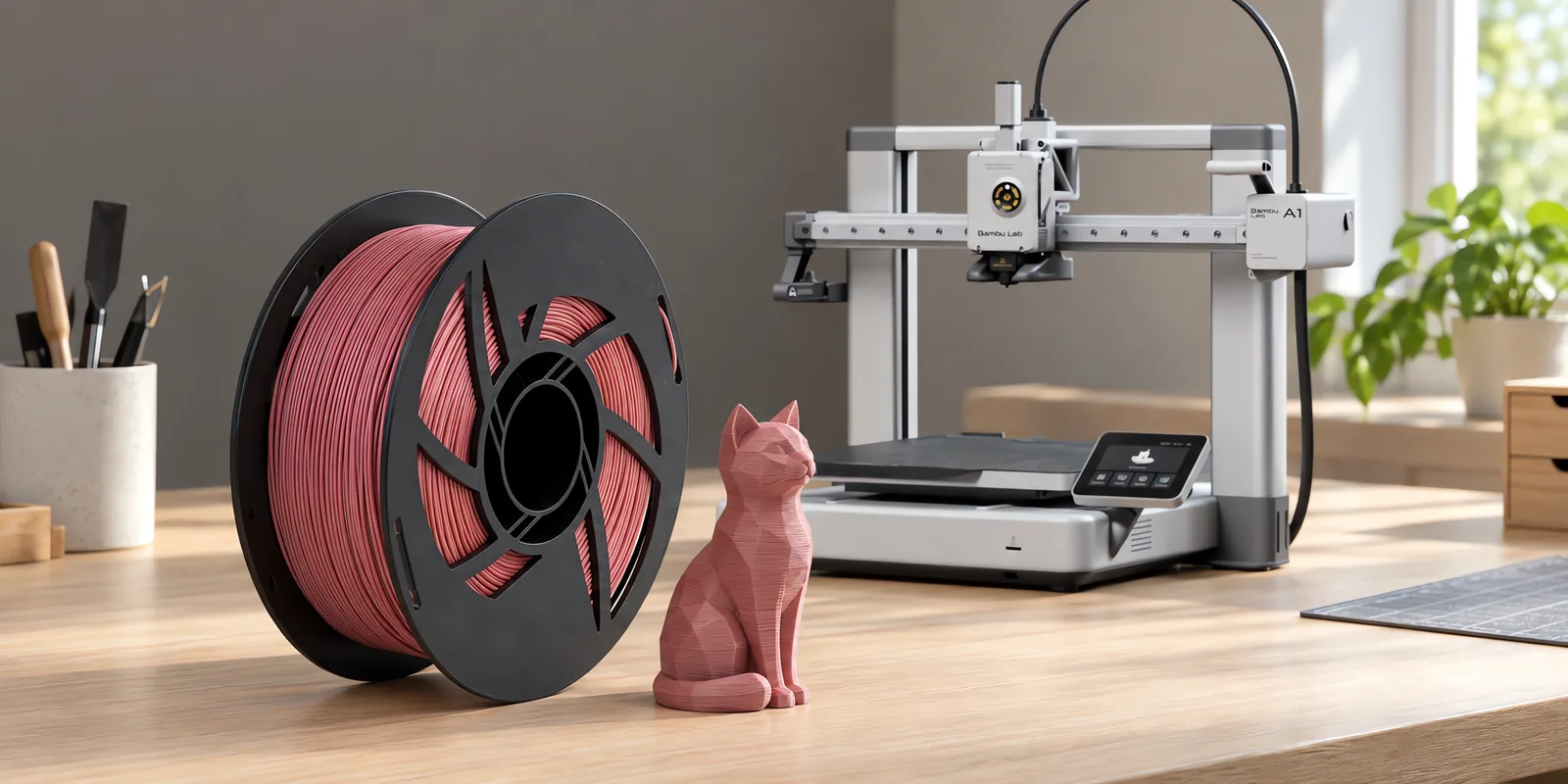 Carretel de filamento pla wood cerezo sobre una mesa de roble claro, con una impresora 3D detrás y una figura impresa en el mismo color al lado.