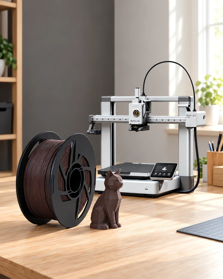 Carretel de filamento pla wood nogal sobre una mesa de roble claro, con una impresora 3D detrás y una figura impresa en el mismo color al lado.