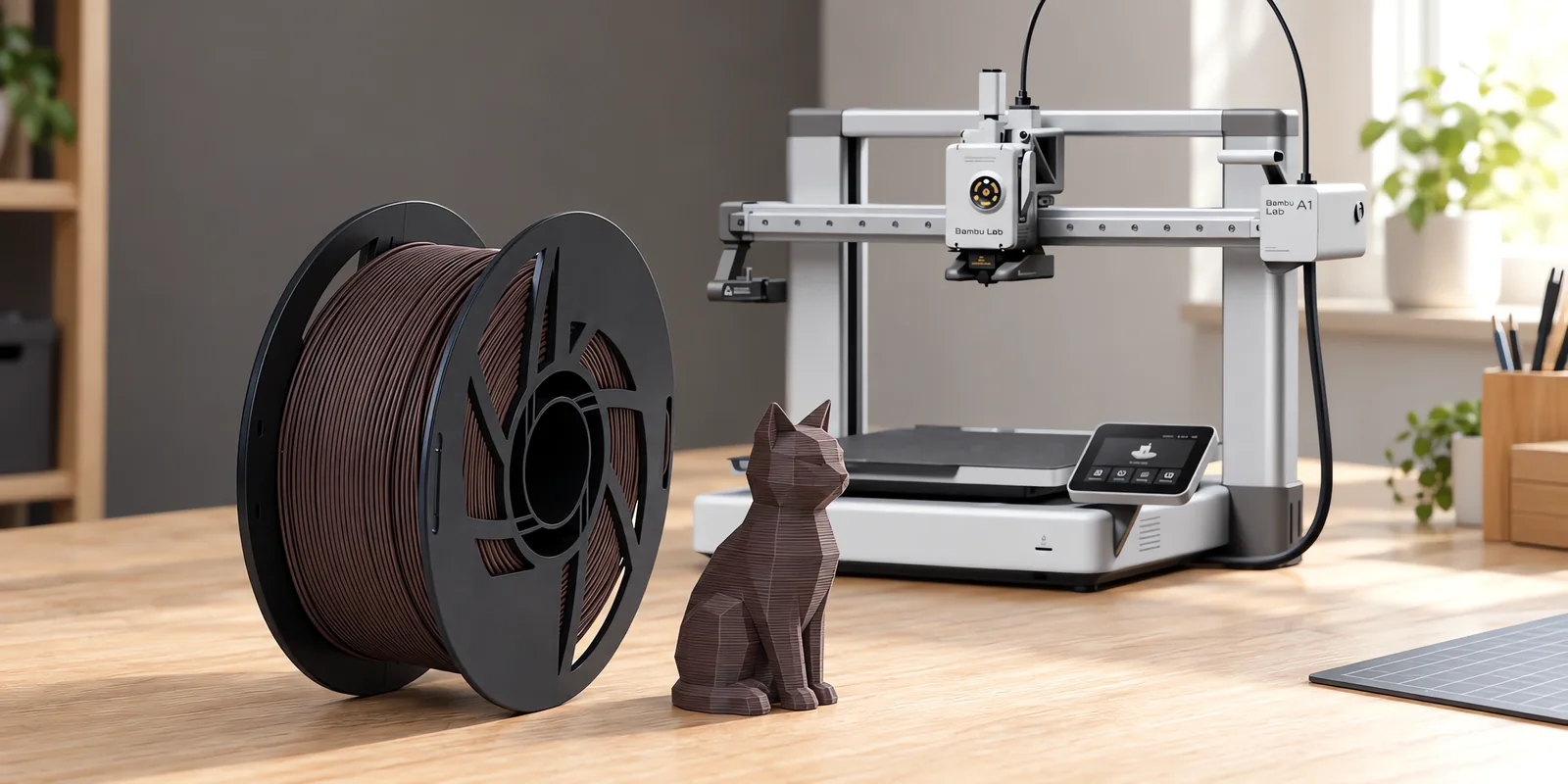 Carretel de filamento pla wood nogal sobre una mesa de roble claro, con una impresora 3D detrás y una figura impresa en el mismo color al lado.