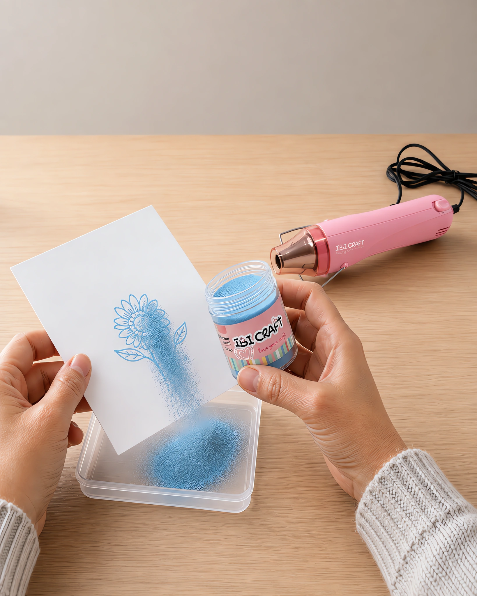 Manos espolvoreando el polvo de embossing sobre el sello húmedo