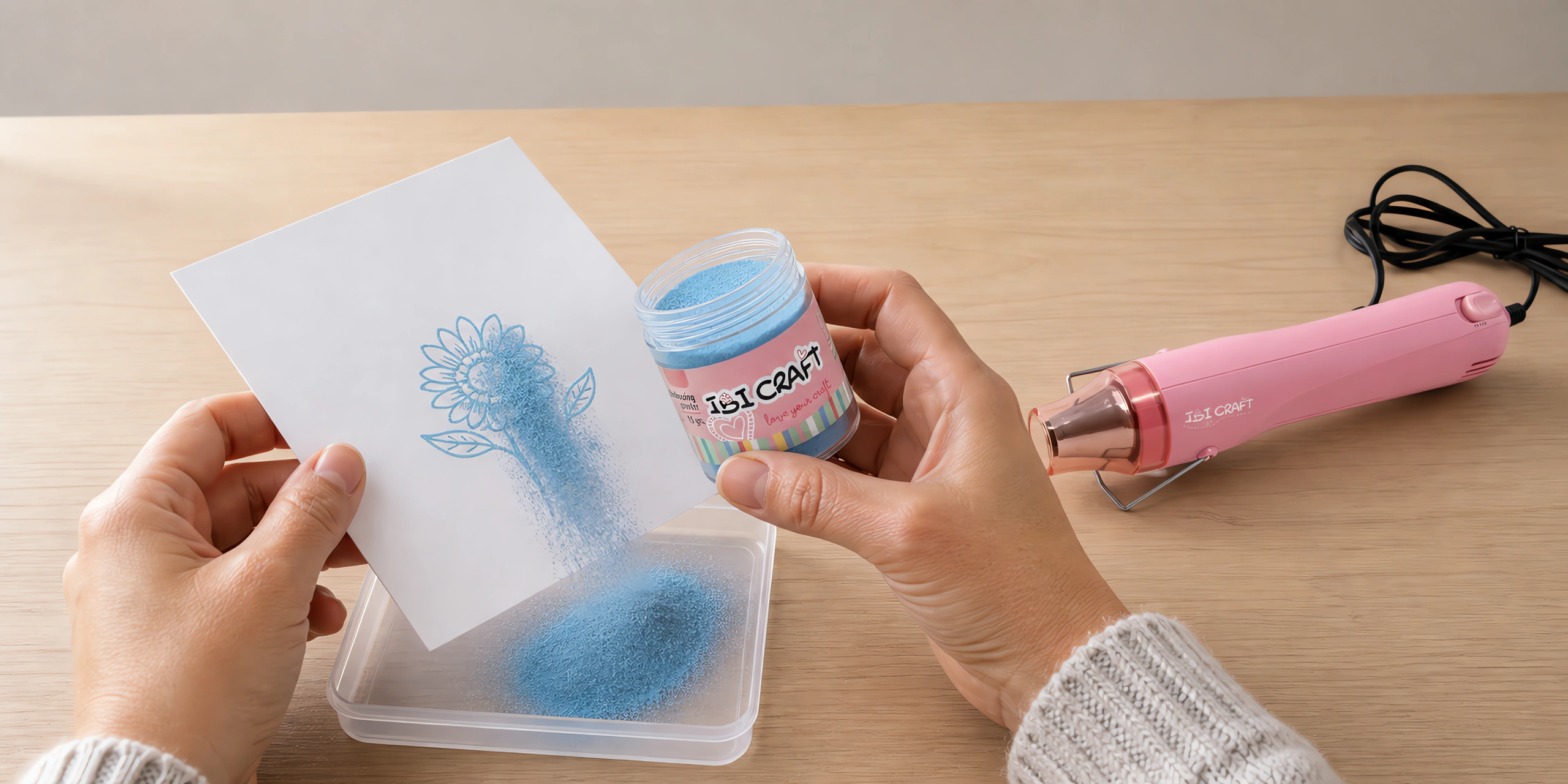 Manos espolvoreando el polvo de embossing sobre el sello húmedo