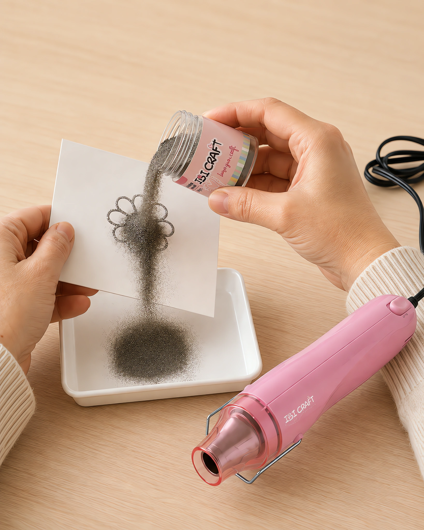 Manos espolvoreando el polvo de embossing sobre el sello húmedo