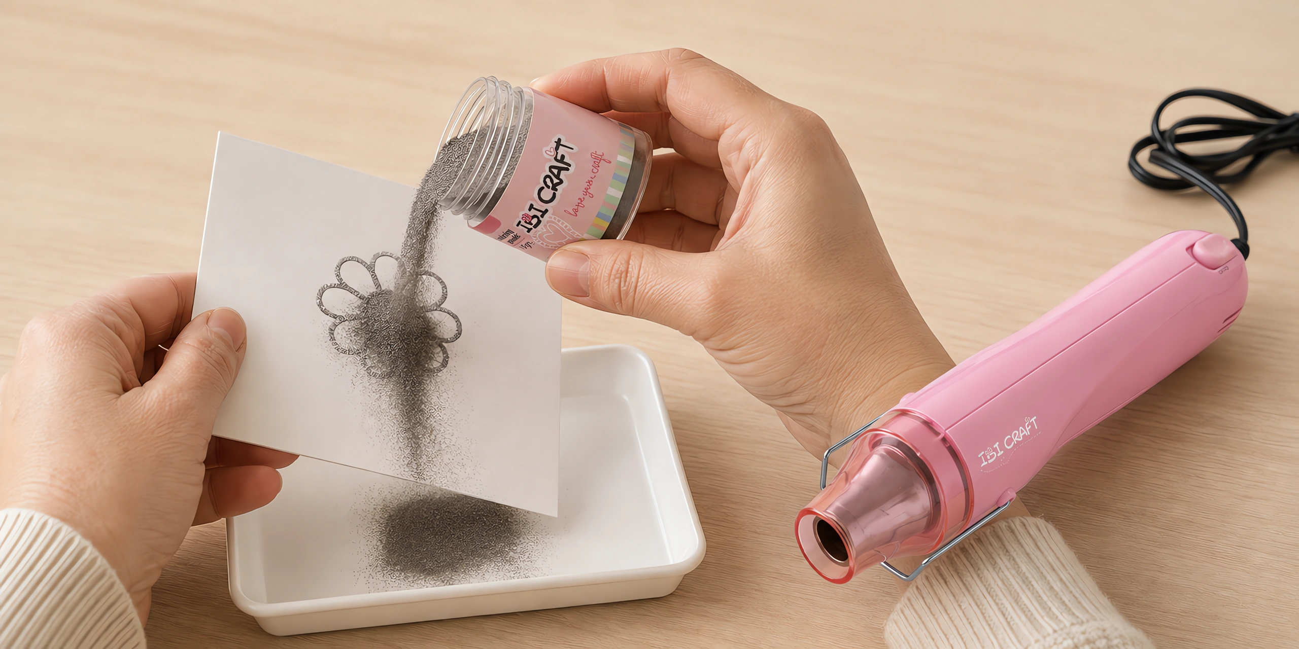 Manos espolvoreando el polvo de embossing sobre el sello húmedo