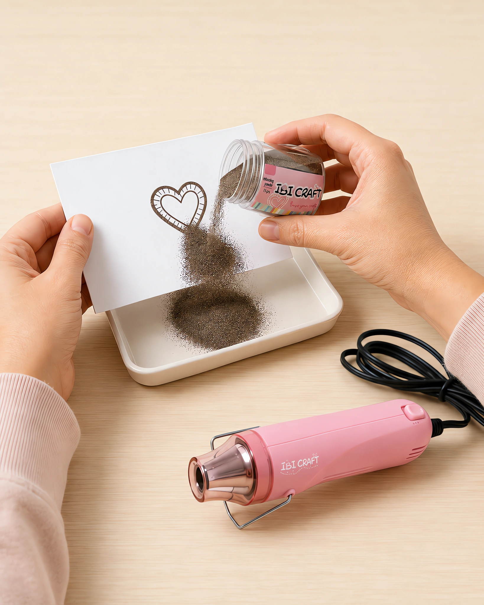 Manos espolvoreando el polvo de embossing sobre el sello húmedo