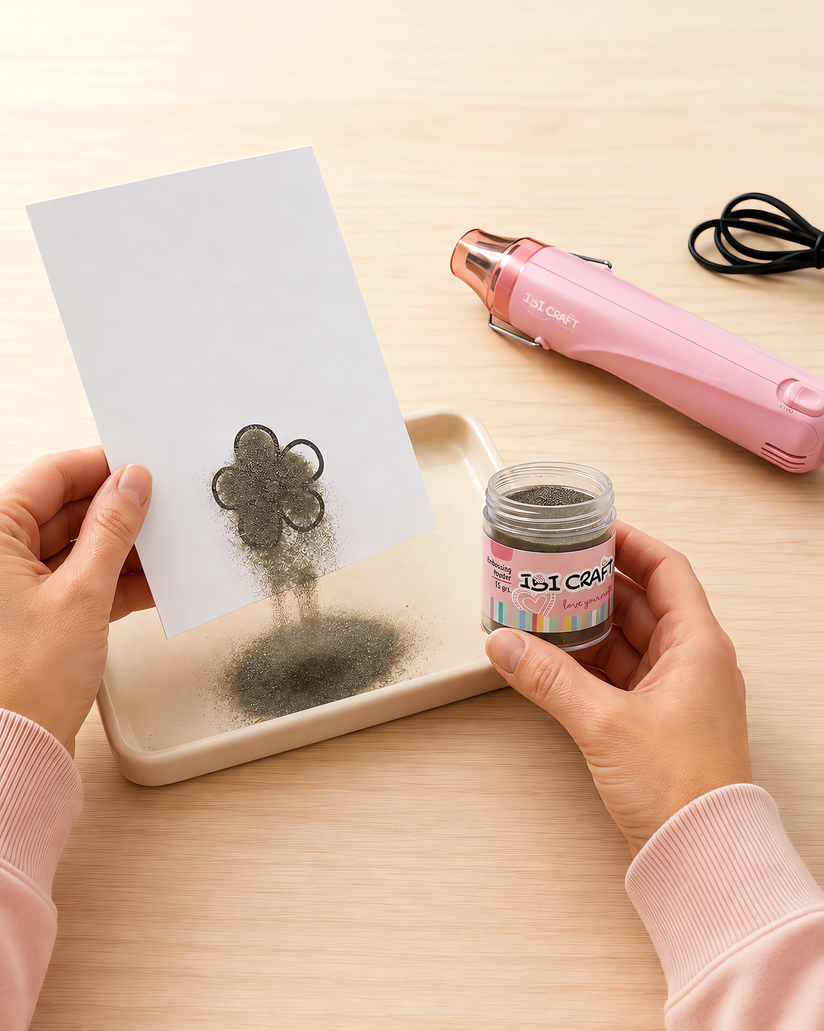 Manos espolvoreando el polvo de embossing sobre el sello húmedo