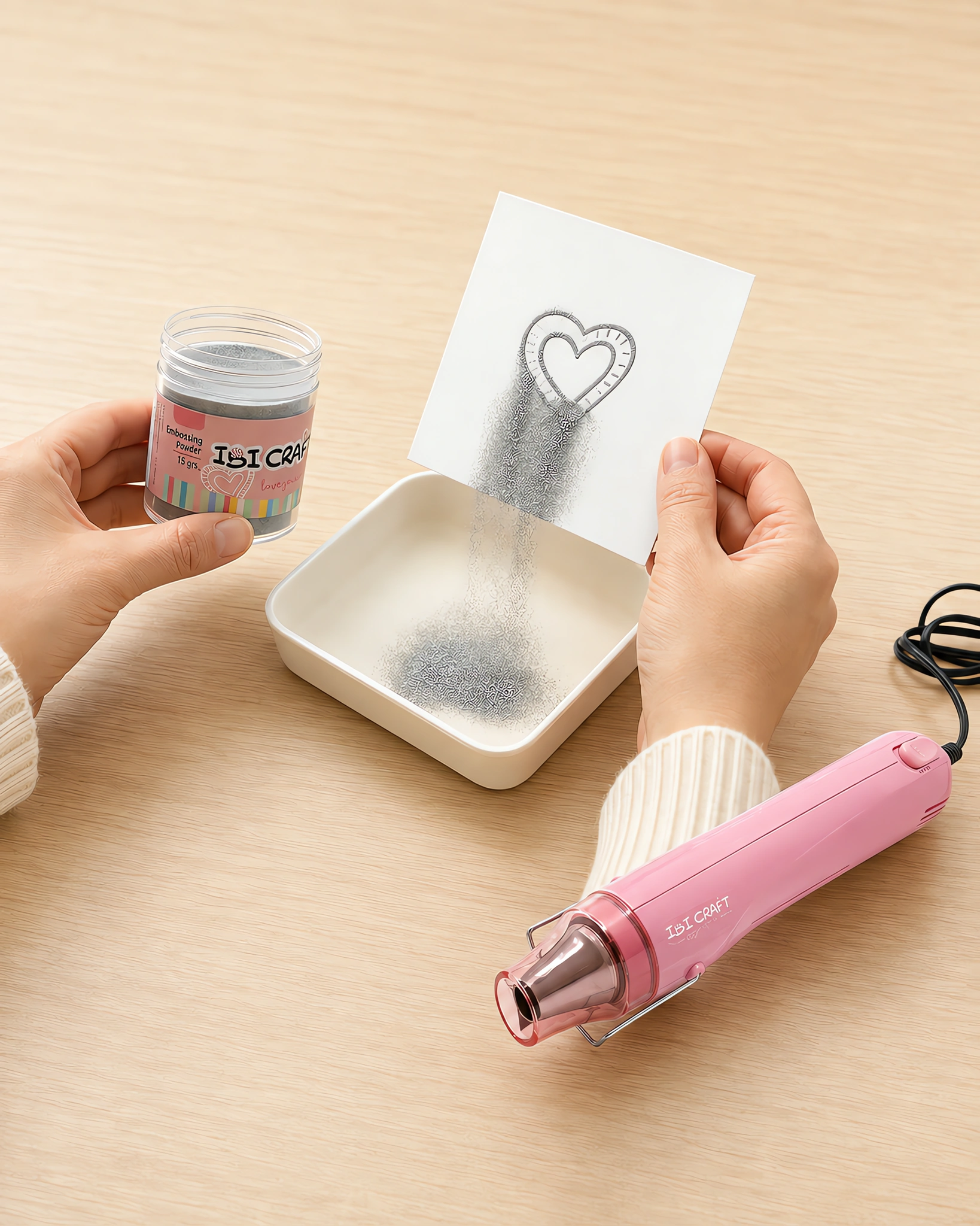 Manos espolvoreando el polvo de embossing sobre el sello húmedo