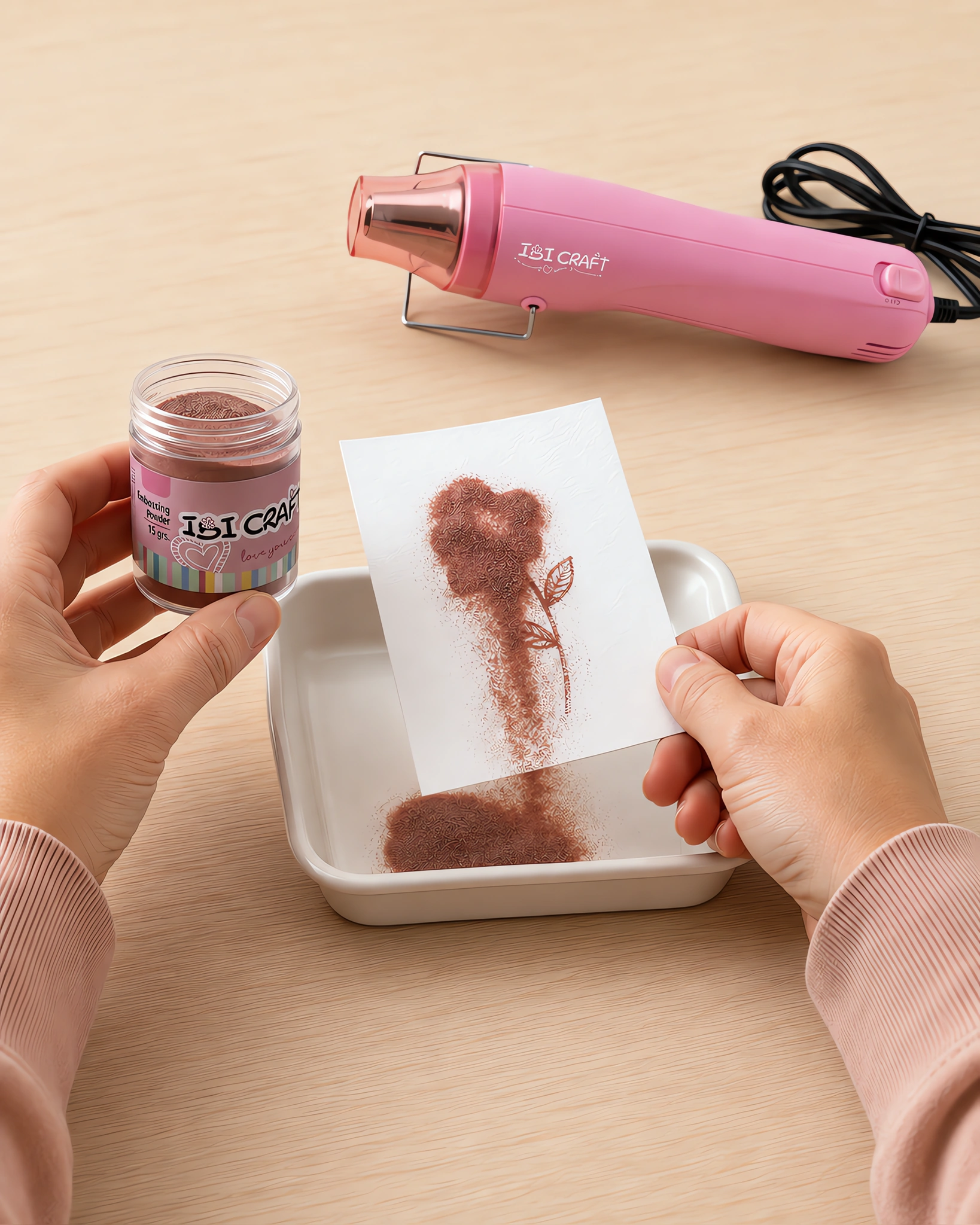 Manos espolvoreando el polvo de embossing sobre el sello húmedo