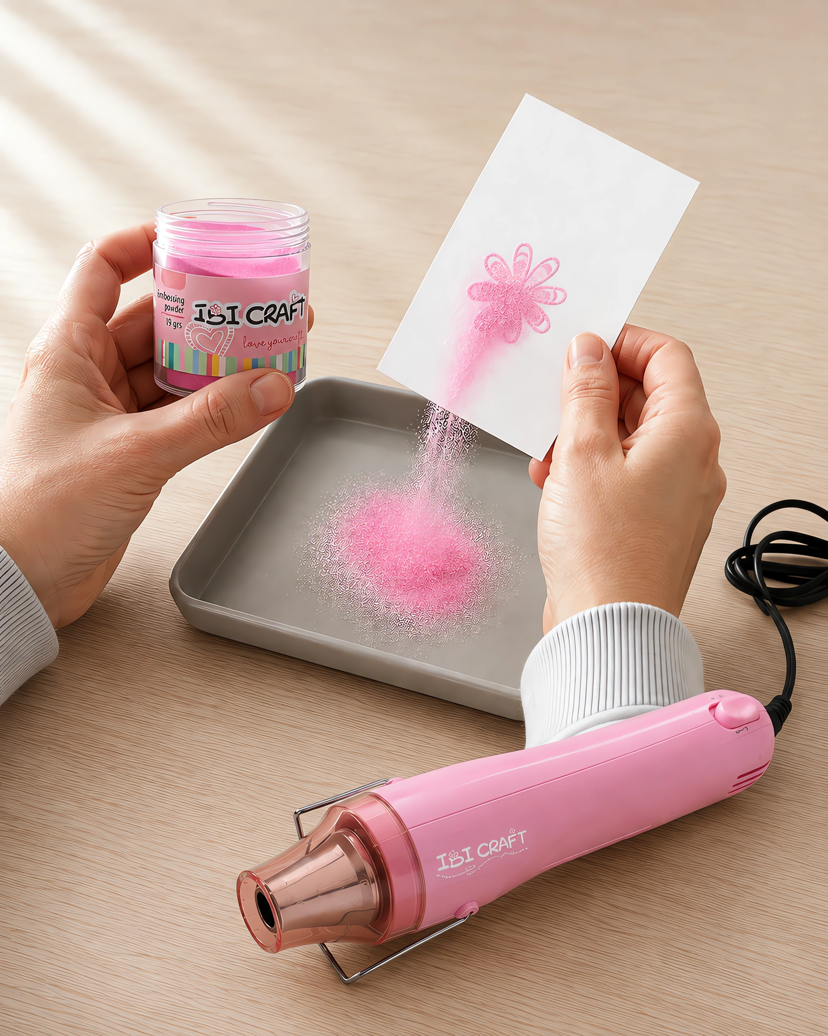 Manos espolvoreando el polvo de embossing sobre el sello húmedo