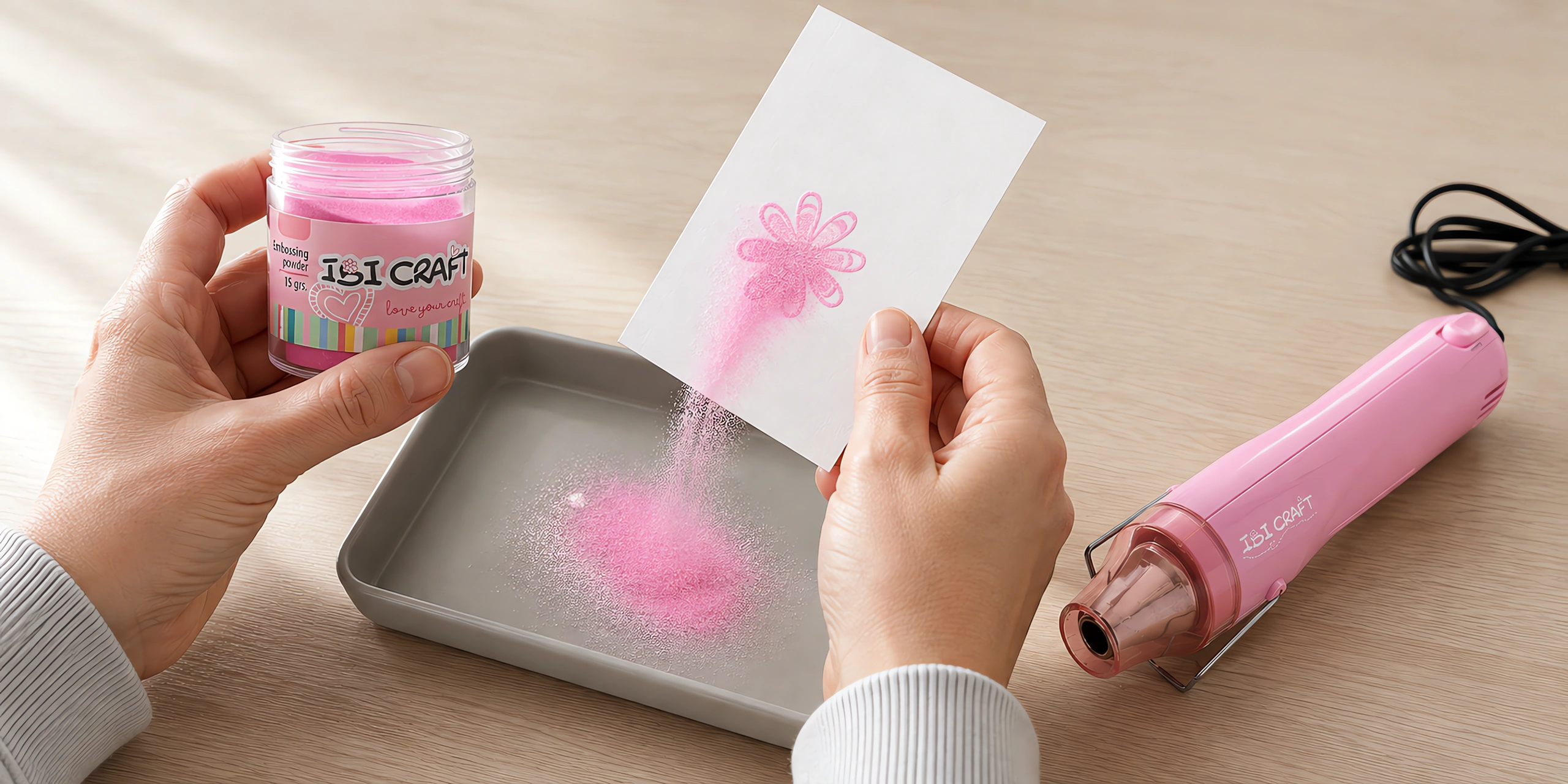 Manos espolvoreando el polvo de embossing sobre el sello húmedo