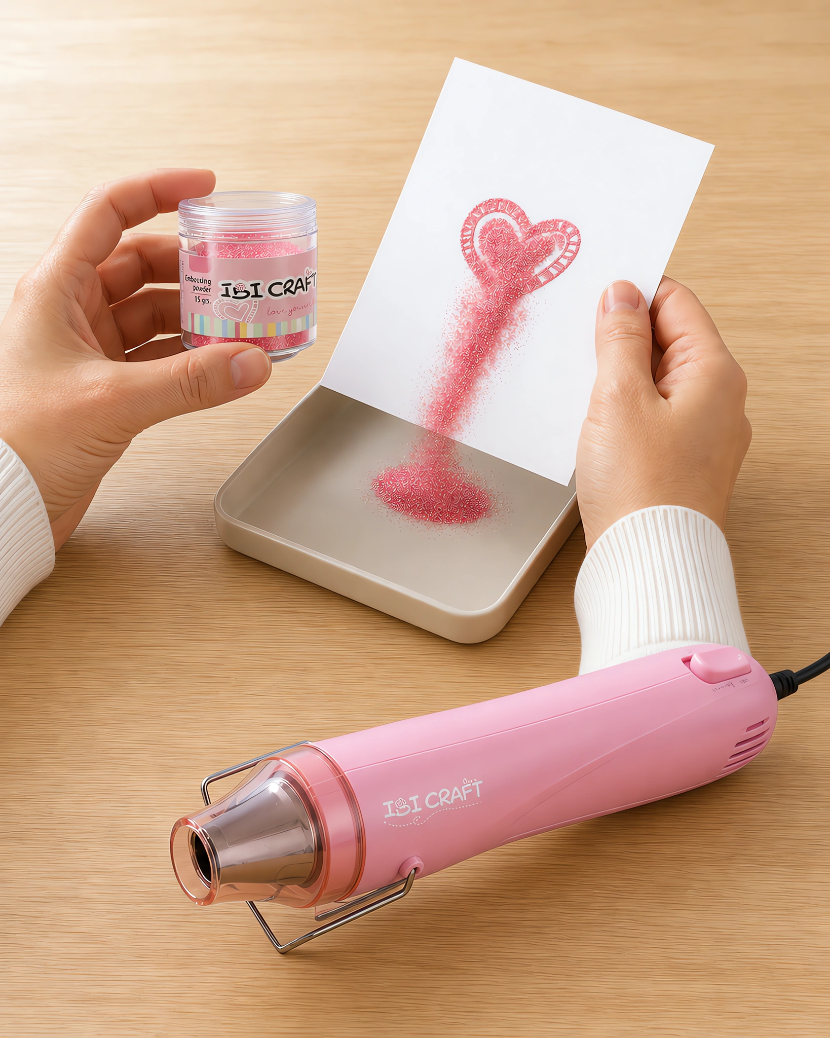 Manos espolvoreando el polvo de embossing sobre el sello húmedo