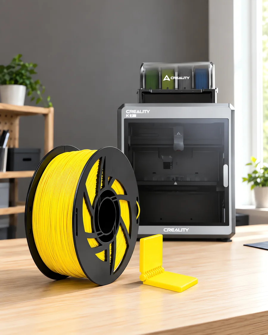 Carretel de filamento polipropileno amarillo sobre una mesa de roble claro, con una impresora 3D detrás y una bisagra impresa en el mismo color al lado.