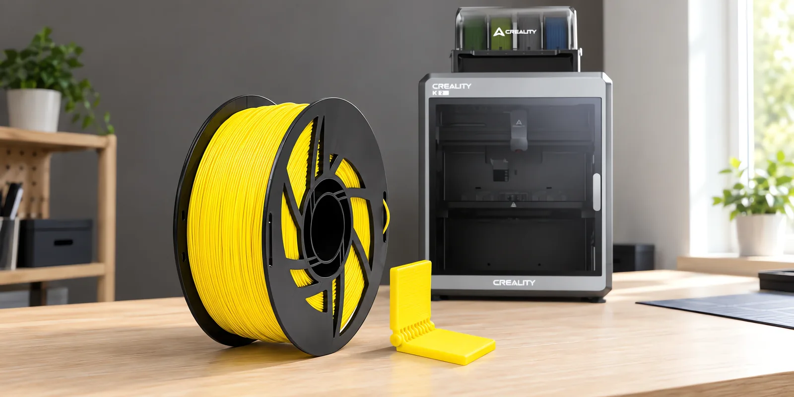 Carretel de filamento polipropileno amarillo sobre una mesa de roble claro, con una impresora 3D detrás y una bisagra impresa en el mismo color al lado.