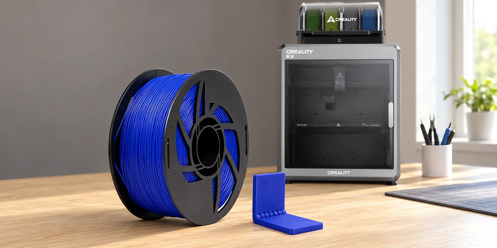 Carretel de filamento polipropileno azul sobre una mesa de roble claro, con una impresora 3D detrás y una bisagra impresa en el mismo color al lado.