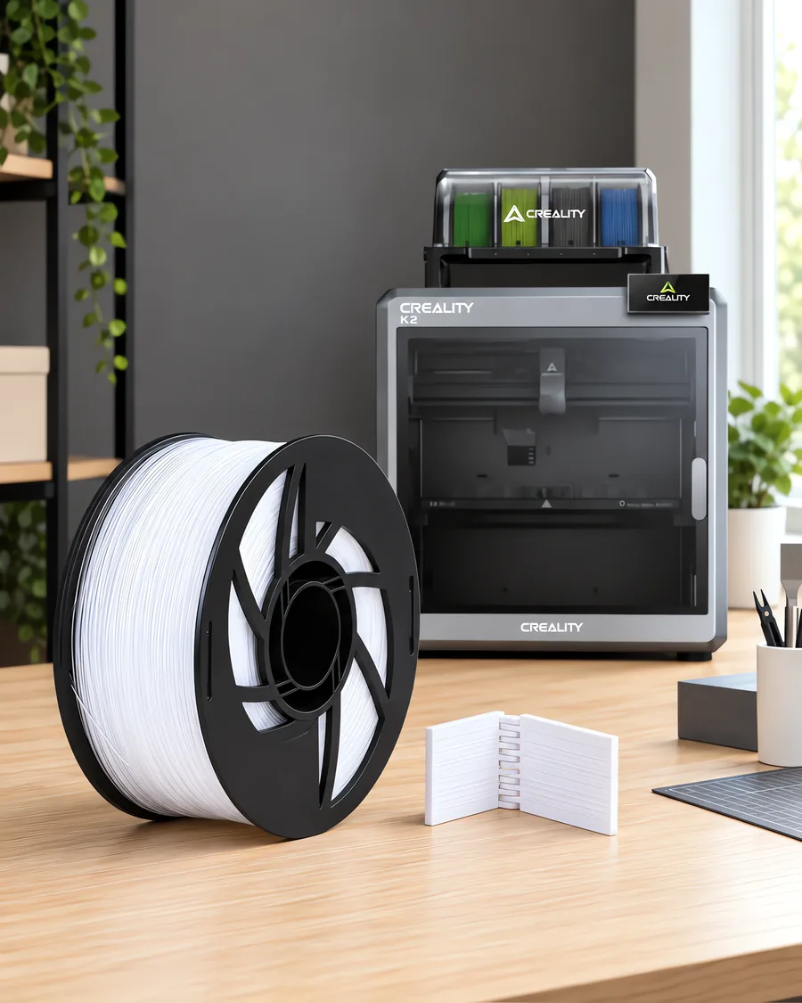 Carretel de filamento polipropileno natural sobre una mesa de roble claro, con una impresora 3D detrás y una bisagra impresa en el mismo color al lado.
