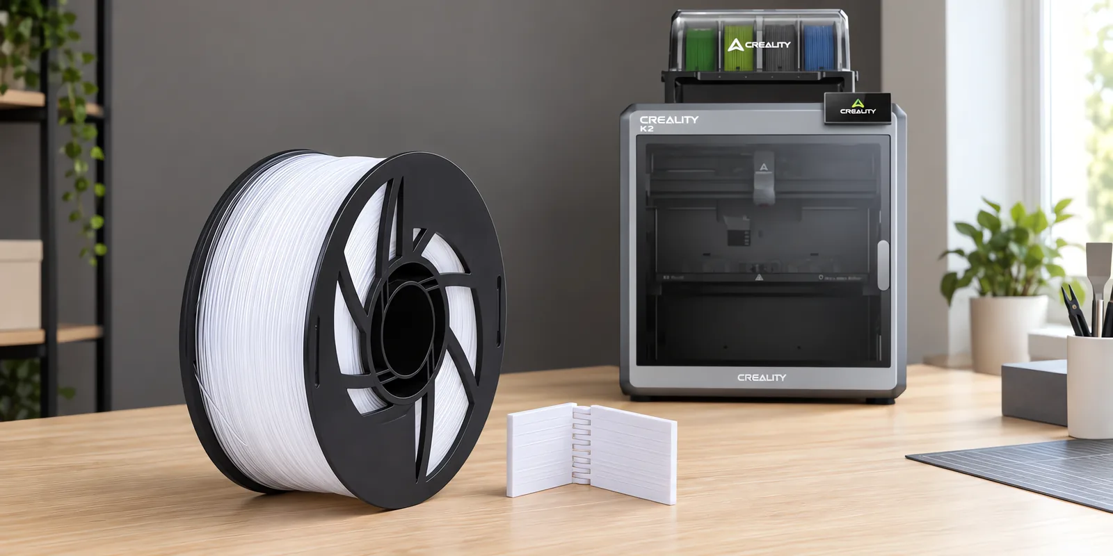 Carretel de filamento polipropileno natural sobre una mesa de roble claro, con una impresora 3D detrás y una bisagra impresa en el mismo color al lado.