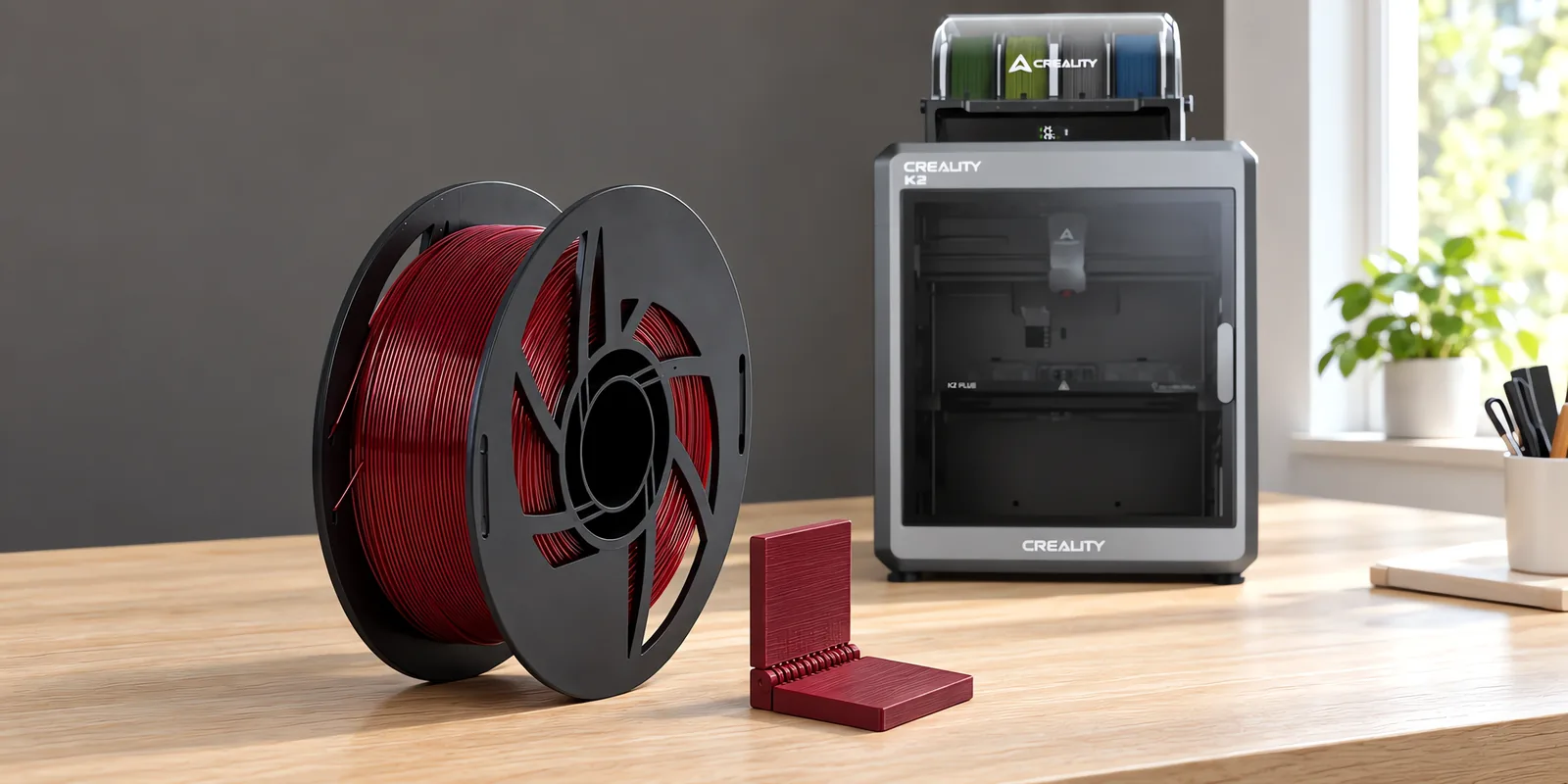 Carretel de filamento polipropileno rojo sobre una mesa de roble claro, con una impresora 3D detrás y una bisagra impresa en el mismo color al lado.