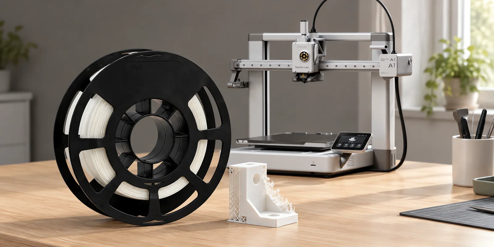 Carretel de filamento pva soluble soluble sobre una mesa de roble claro, con una impresora 3D detrás y un soporte impresa en el mismo color al lado.