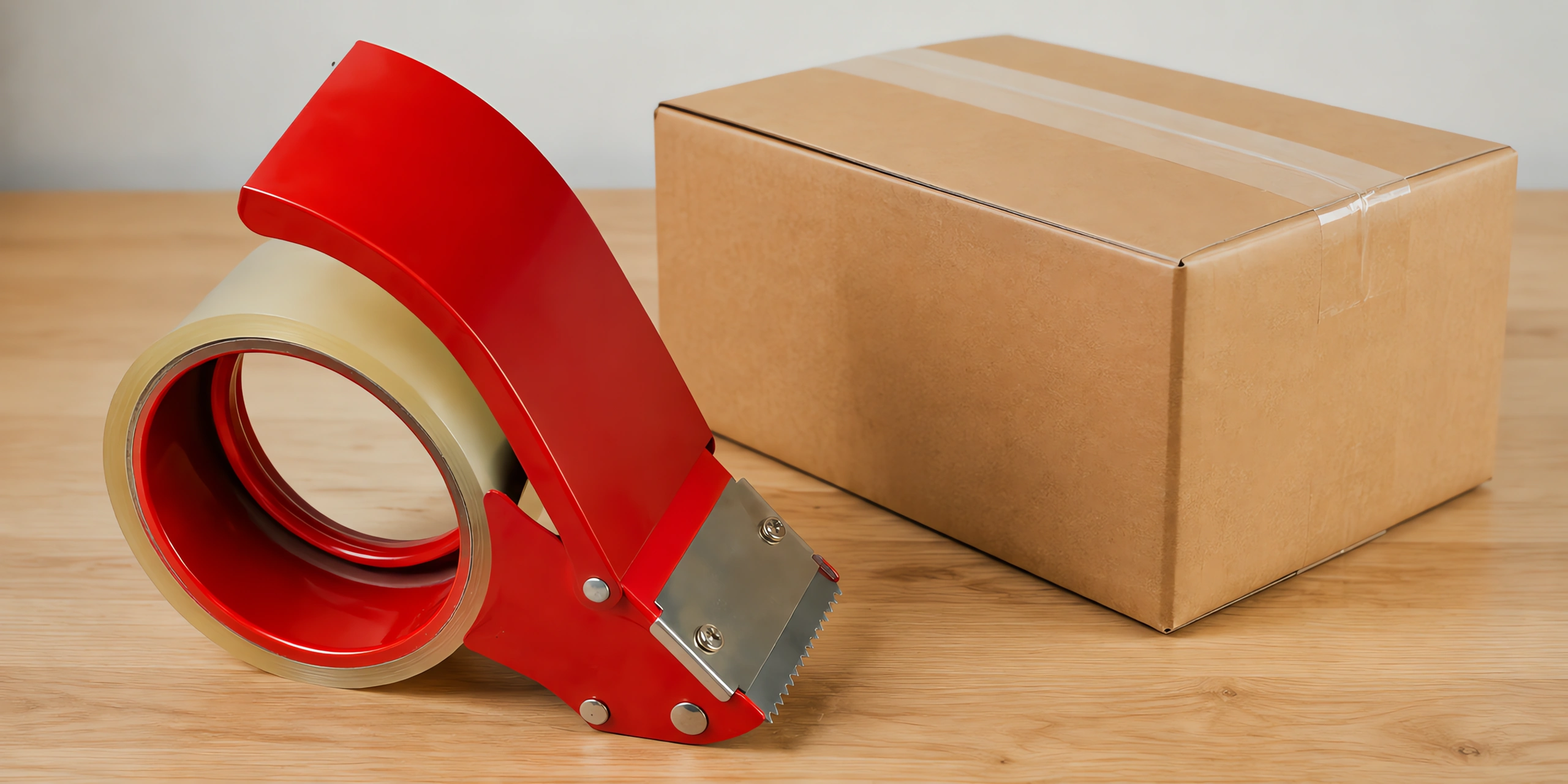 Racionador de empaque metálico rojo sobre la mesa, con un rollo de cinta cargado y una caja cerrada al lado