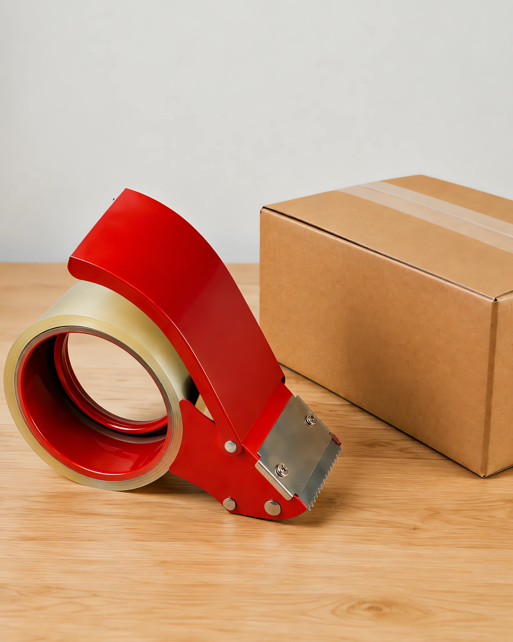 Racionador de empaque metálico rojo sobre la mesa, con un rollo de cinta cargado y una caja cerrada al lado