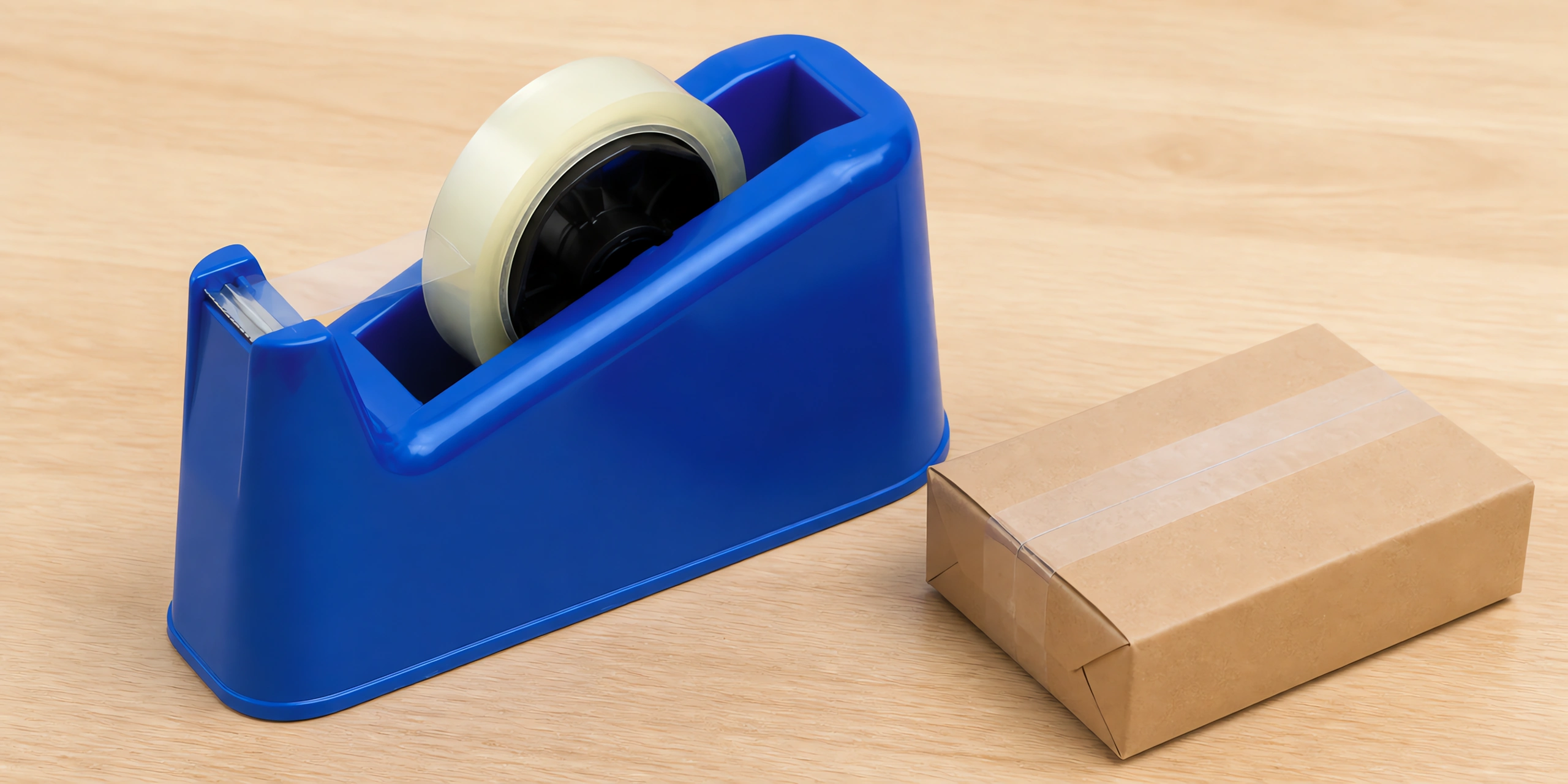 Racionador de mesa azul sobre la mesa, cargado con un rollo de cinta y un paquete cerrado al lado