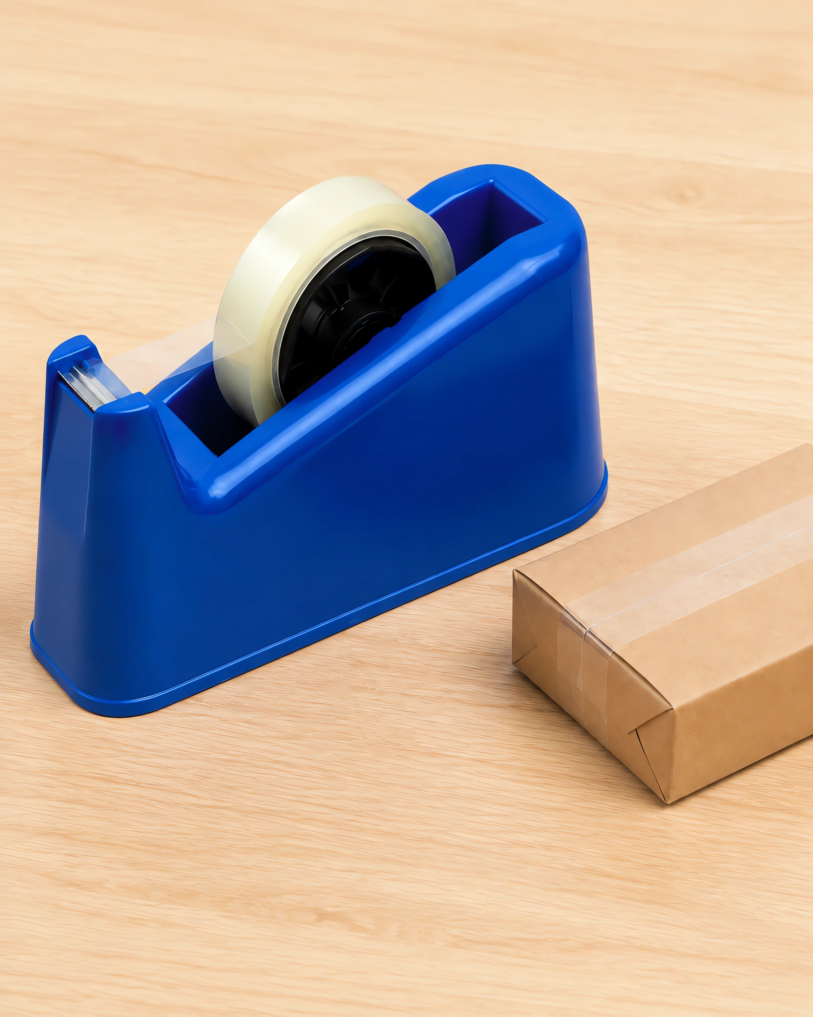 Racionador de mesa azul sobre la mesa, cargado con un rollo de cinta y un paquete cerrado al lado