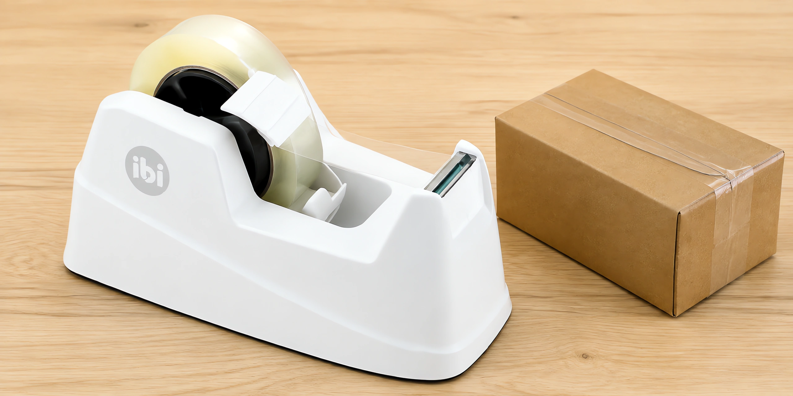 Racionador de mesa blanco sobre la mesa, cargado con un rollo de cinta y un paquete cerrado al lado