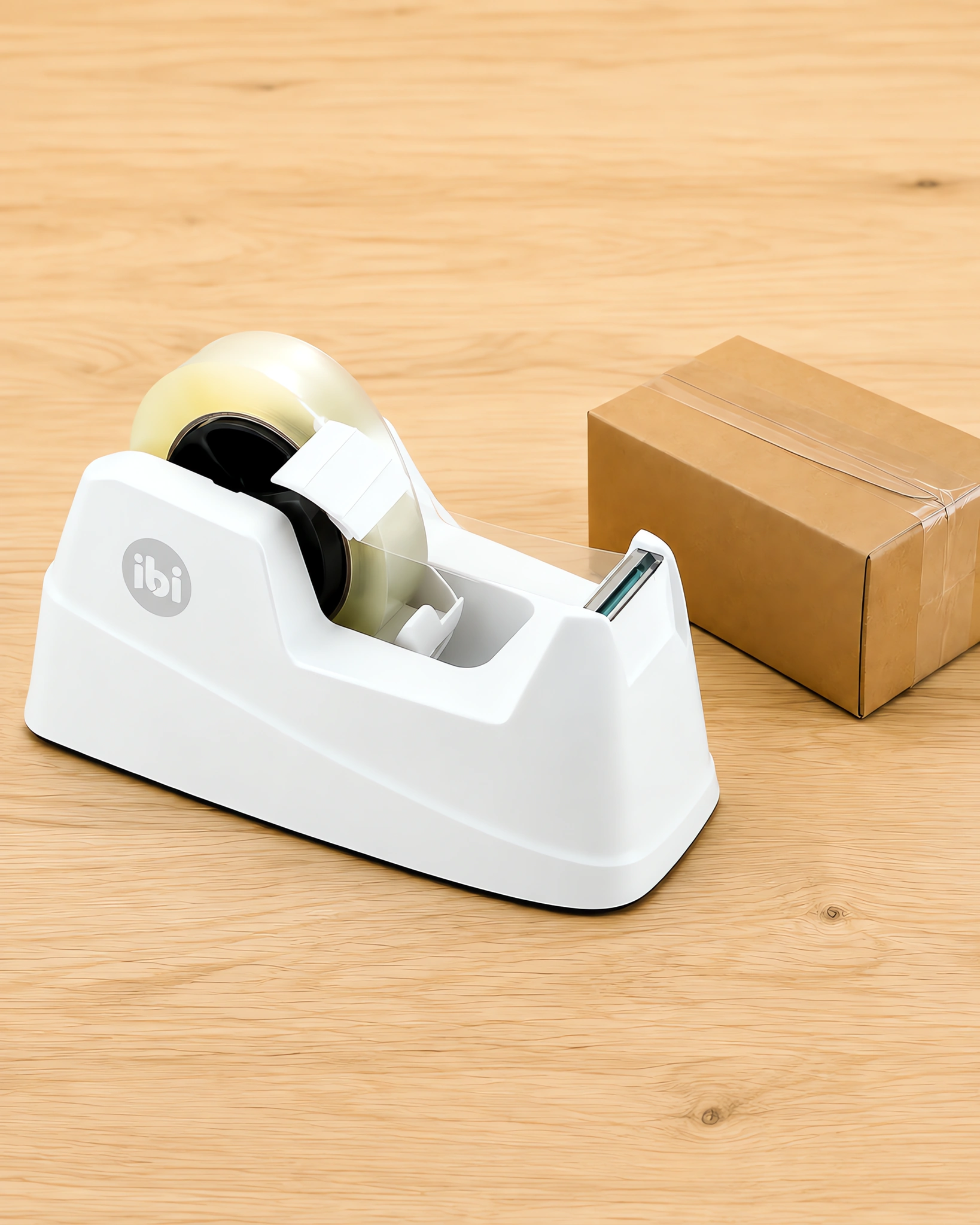Racionador de mesa blanco sobre la mesa, cargado con un rollo de cinta y un paquete cerrado al lado
