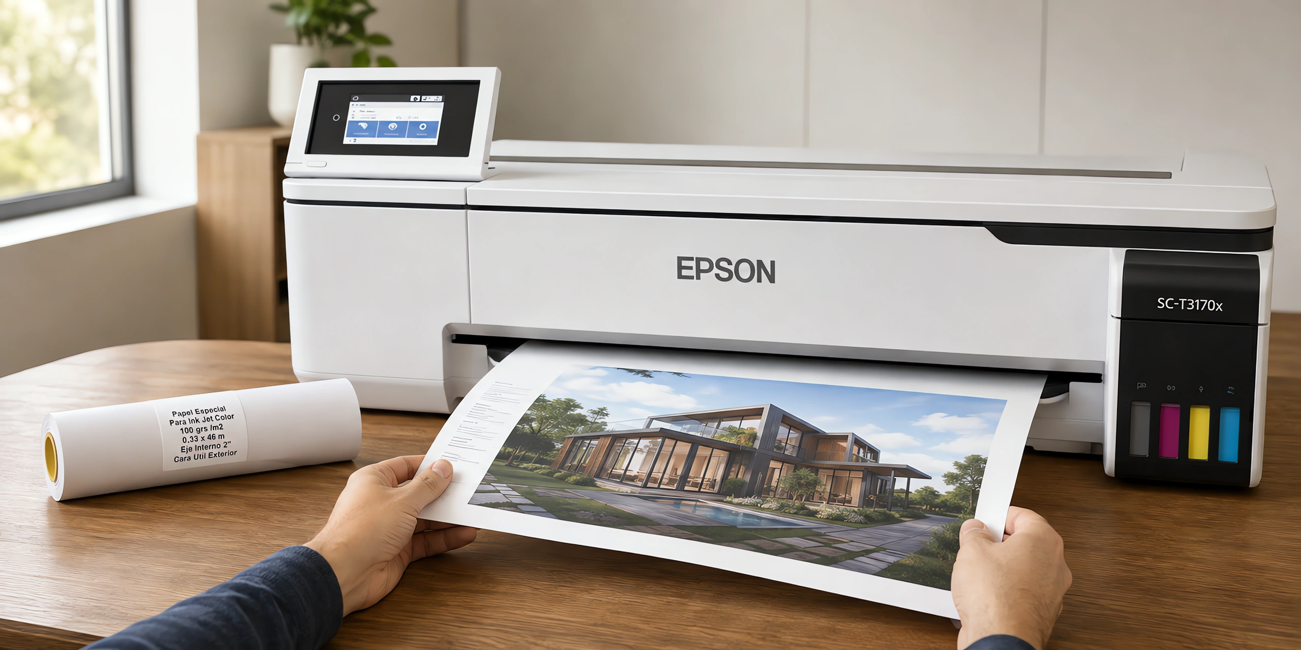 Un render a color saliendo del plotter junto al rollo de papel de alta resolución