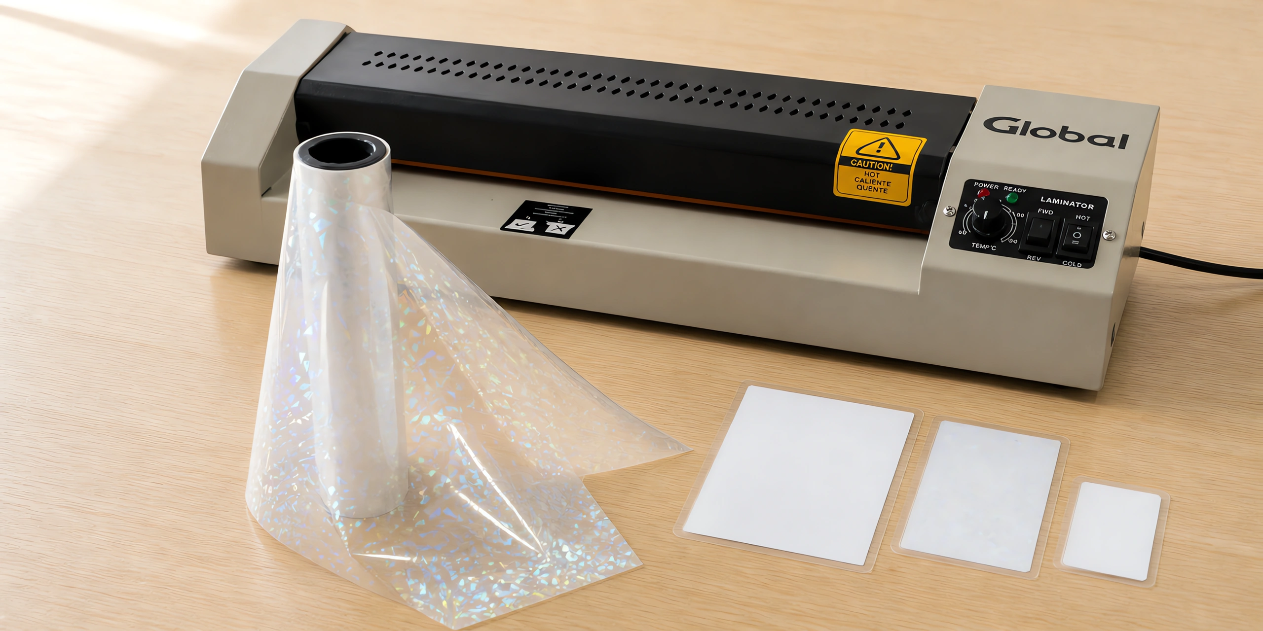 Rollo de film holográfico para laminar sobre la mesa, con la plastificadora profesional detrás