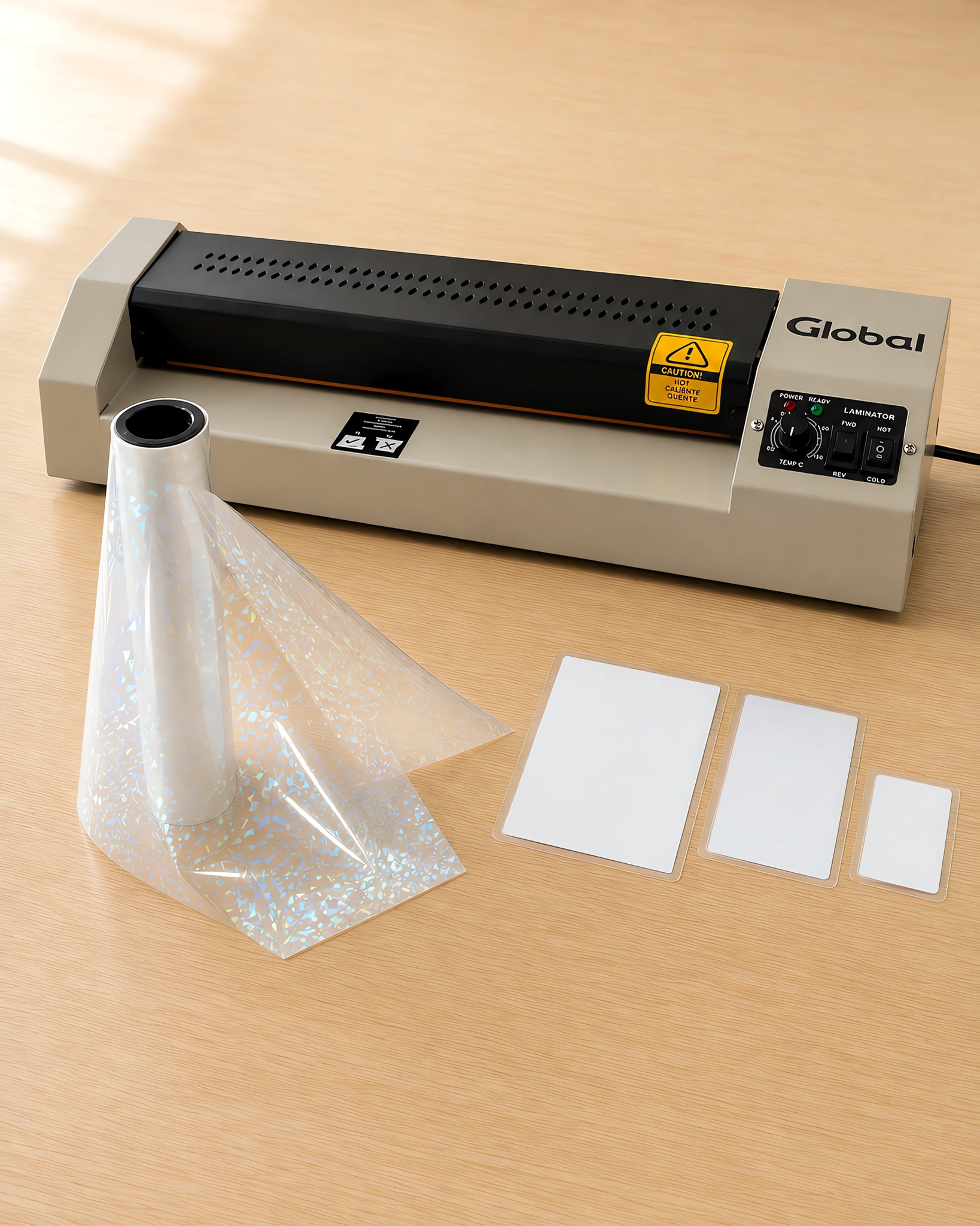 Rollo de film holográfico para laminar sobre la mesa, con la plastificadora profesional detrás