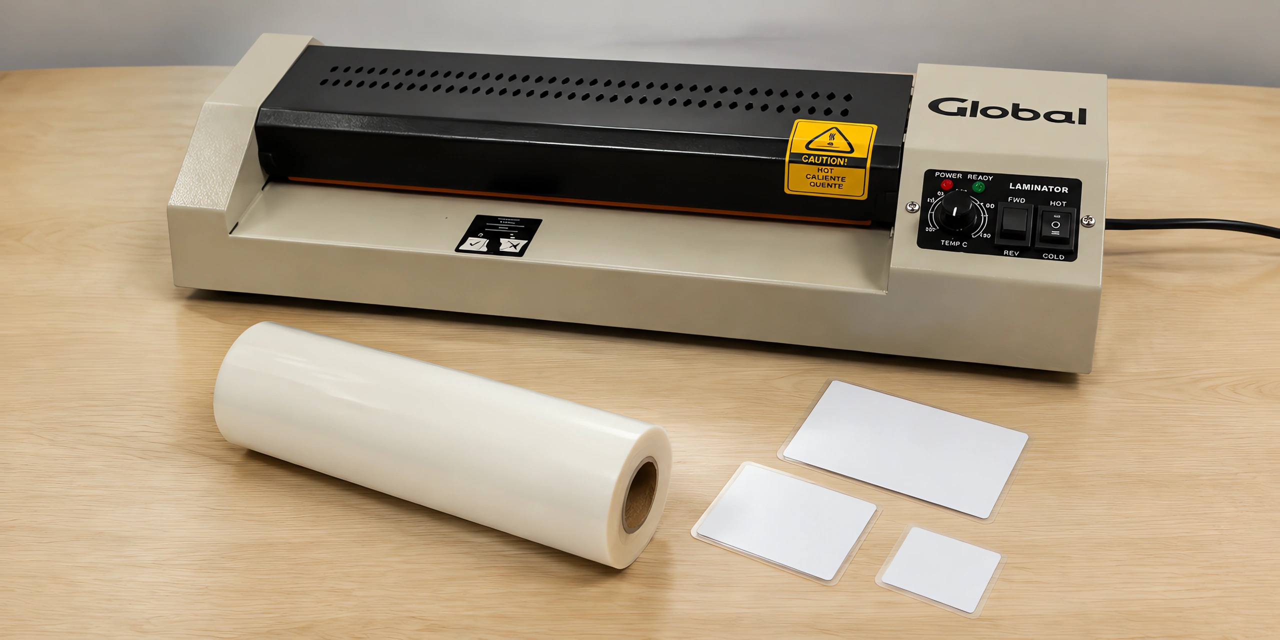 Rollo de film mate para laminar sobre la mesa, con la plastificadora profesional detrás