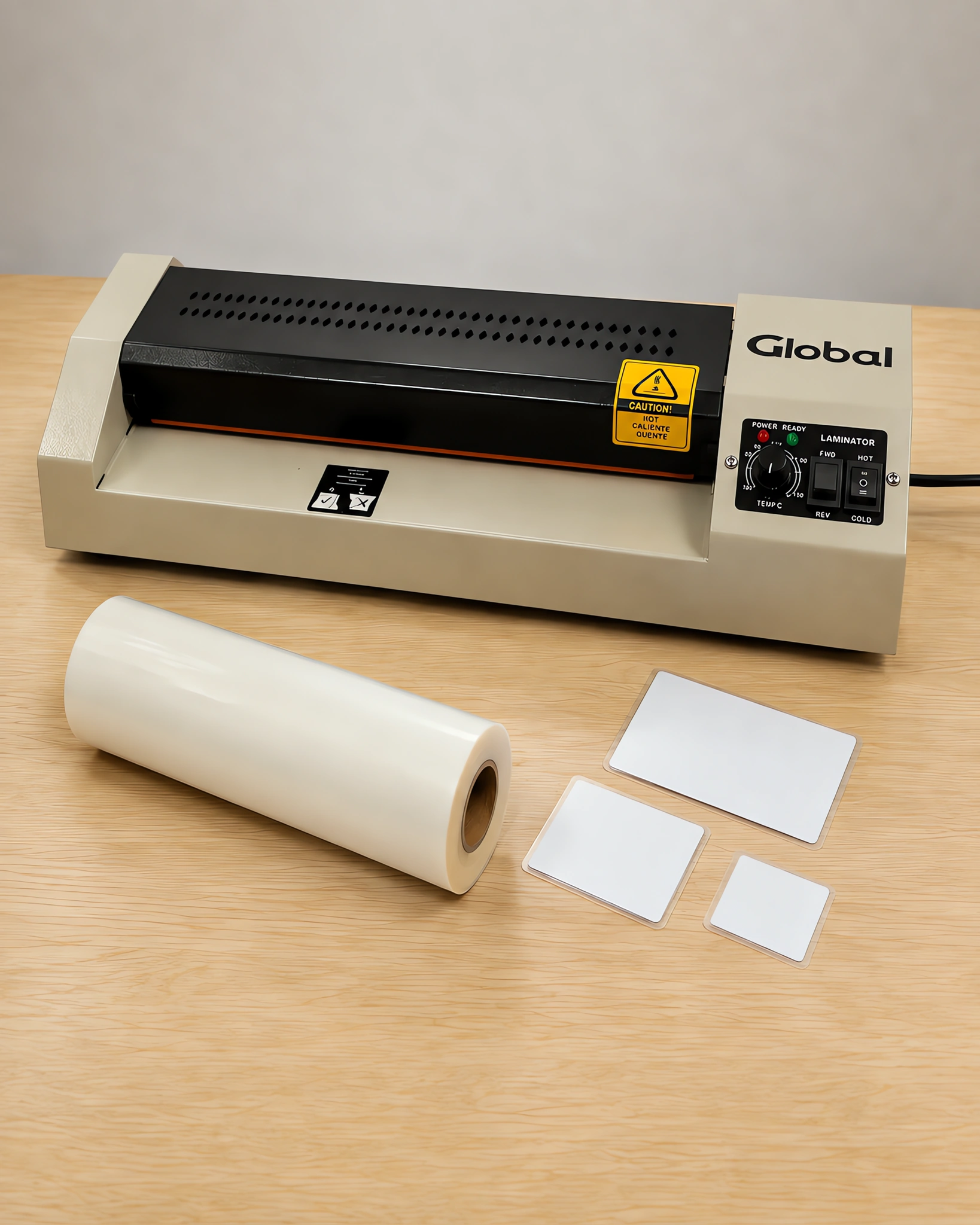 Rollo de film mate para laminar sobre la mesa, con la plastificadora profesional detrás