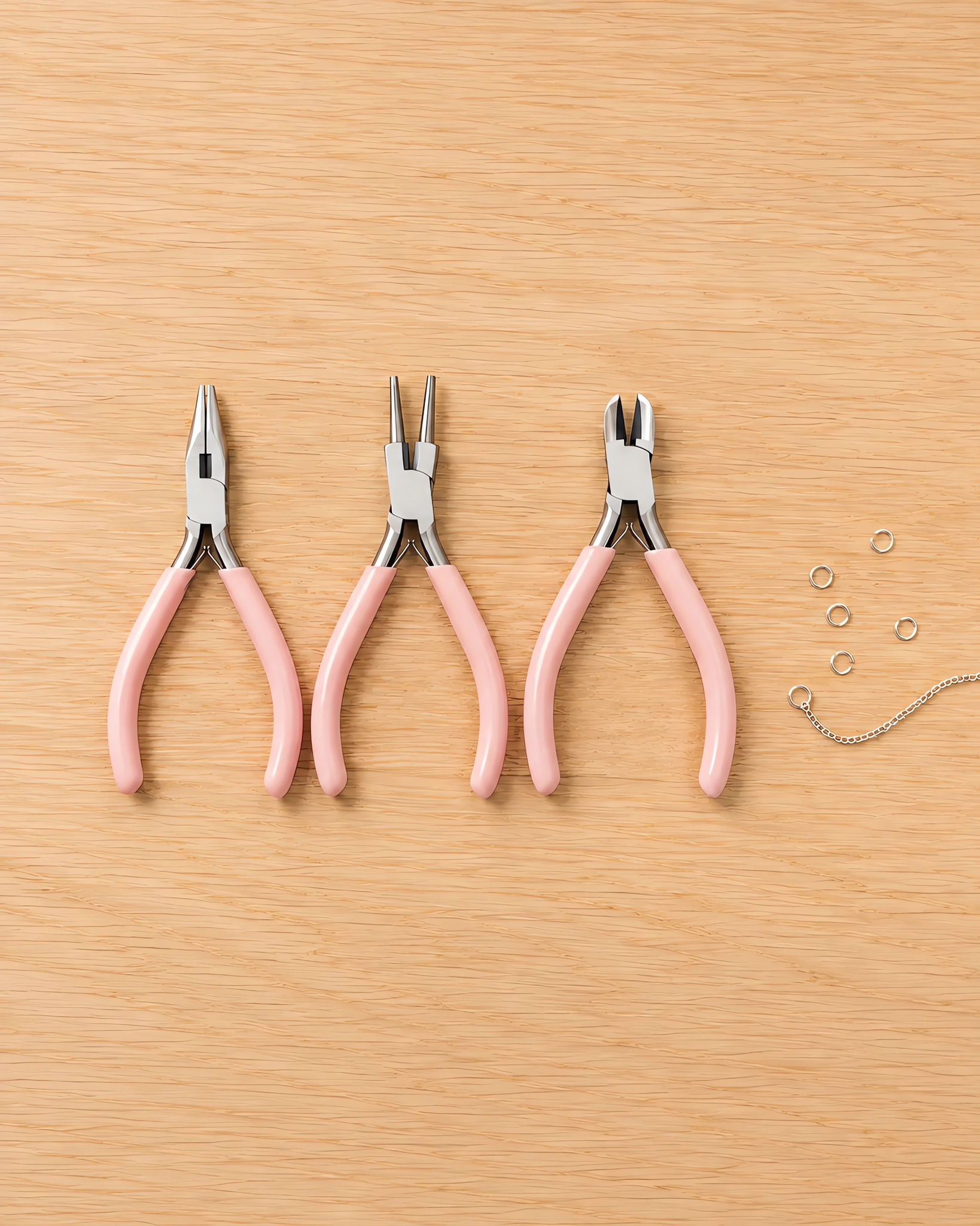 Las tres pinzas del set de joyería sobre la mesa, con una argolla cerrada al lado