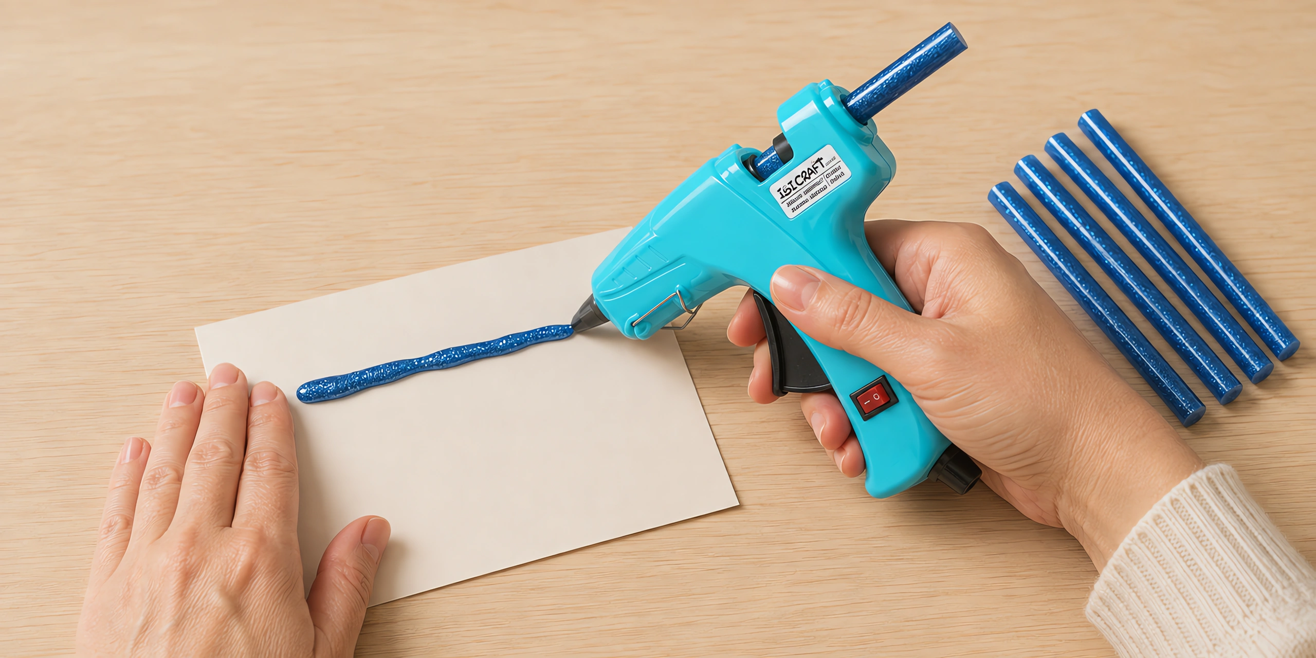 Manos aplicando silicona glitter azul con la pistola encoladora sobre una cartulina, con las barras al lado