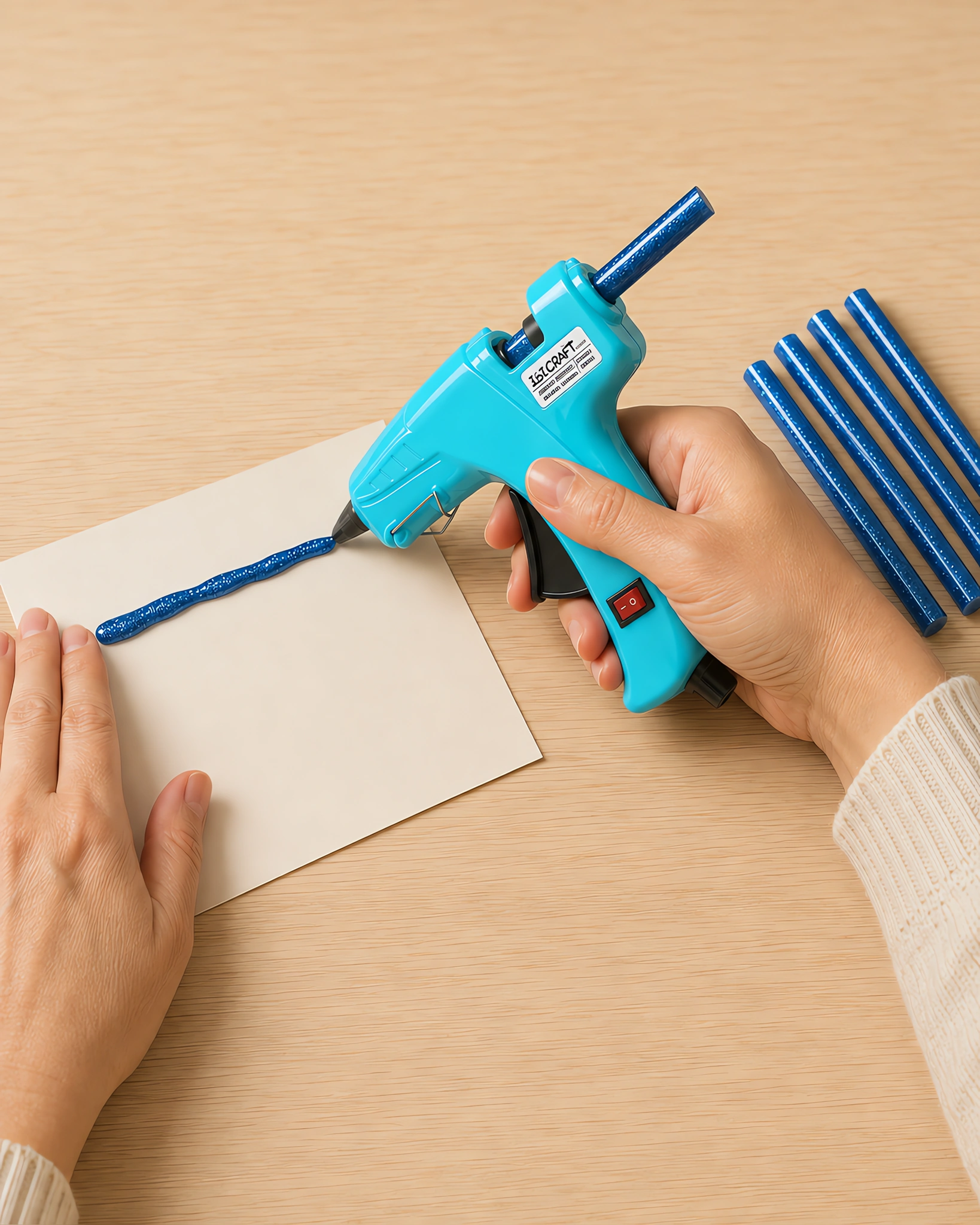 Manos aplicando silicona glitter azul con la pistola encoladora sobre una cartulina, con las barras al lado