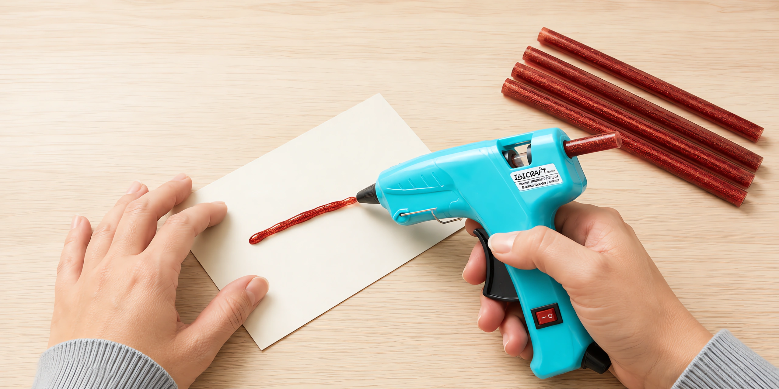 Manos aplicando silicona glitter rojo con la pistola encoladora sobre una cartulina, con las barras al lado