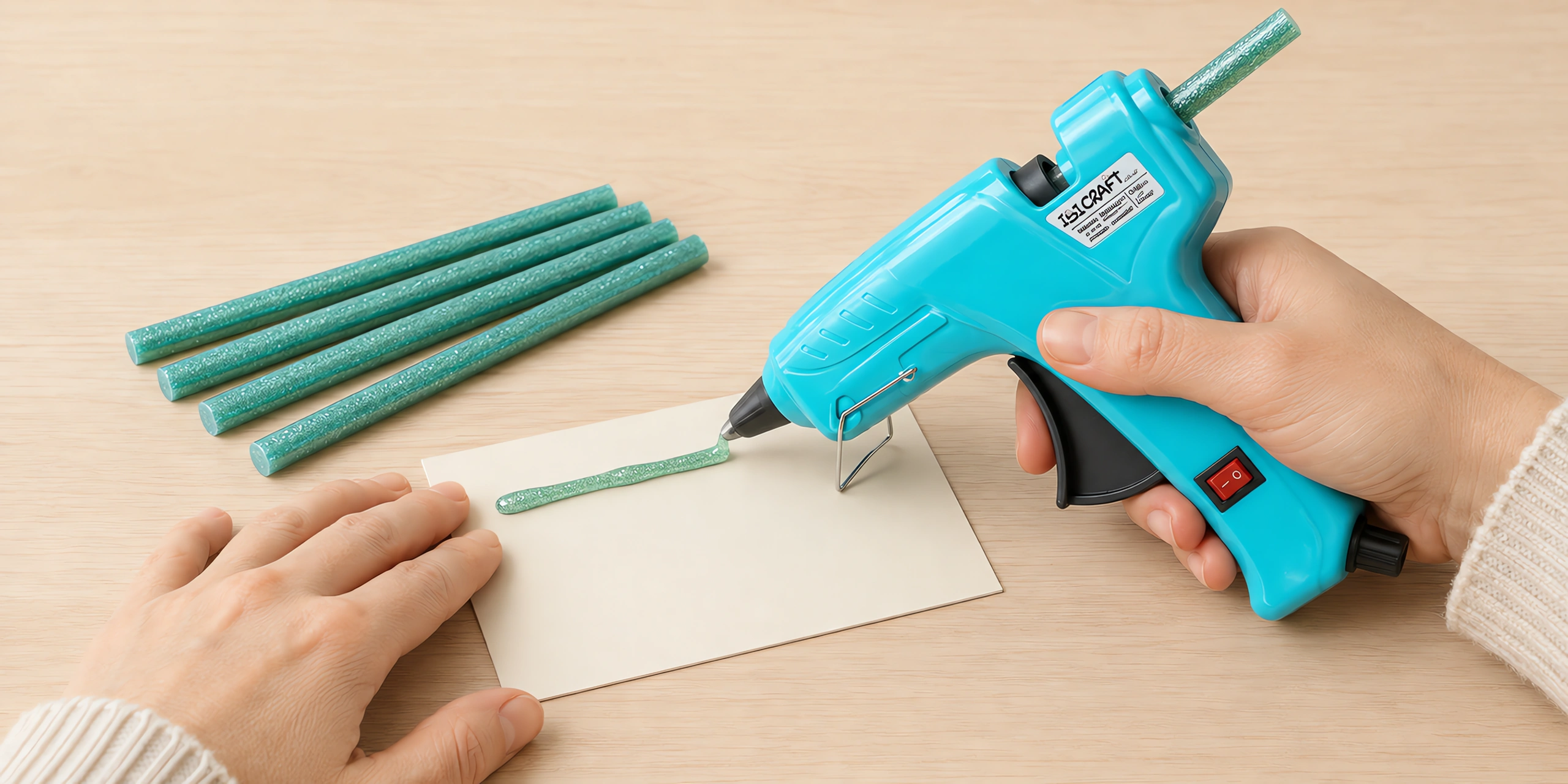 Manos aplicando silicona glitter verde con la pistola encoladora sobre una cartulina, con las barras al lado
